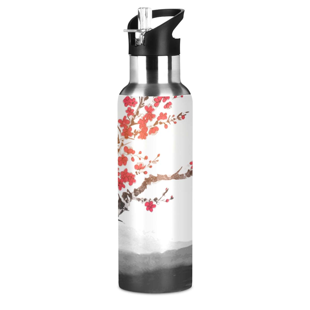 ALAZA Stainless Steel Vacuum Insulated Water Bottle with Straw - 20oz Leakproof Thermos for Women, Cherry Blossom Floral Design - Perfect for Gym, Hiking, Yoga & Outdoor Activities