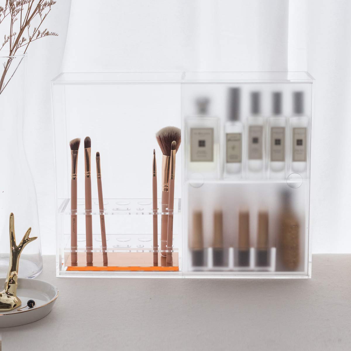 Moosy Life Acrylic Makeup Brush Holder Organizer - 12 Slots Vanity Countertop Storage & Drying Rack for Makeup Brushes | Perfect for Home Beauty Salon, Professional Makeup Artists & Travel Cosmetic Organization