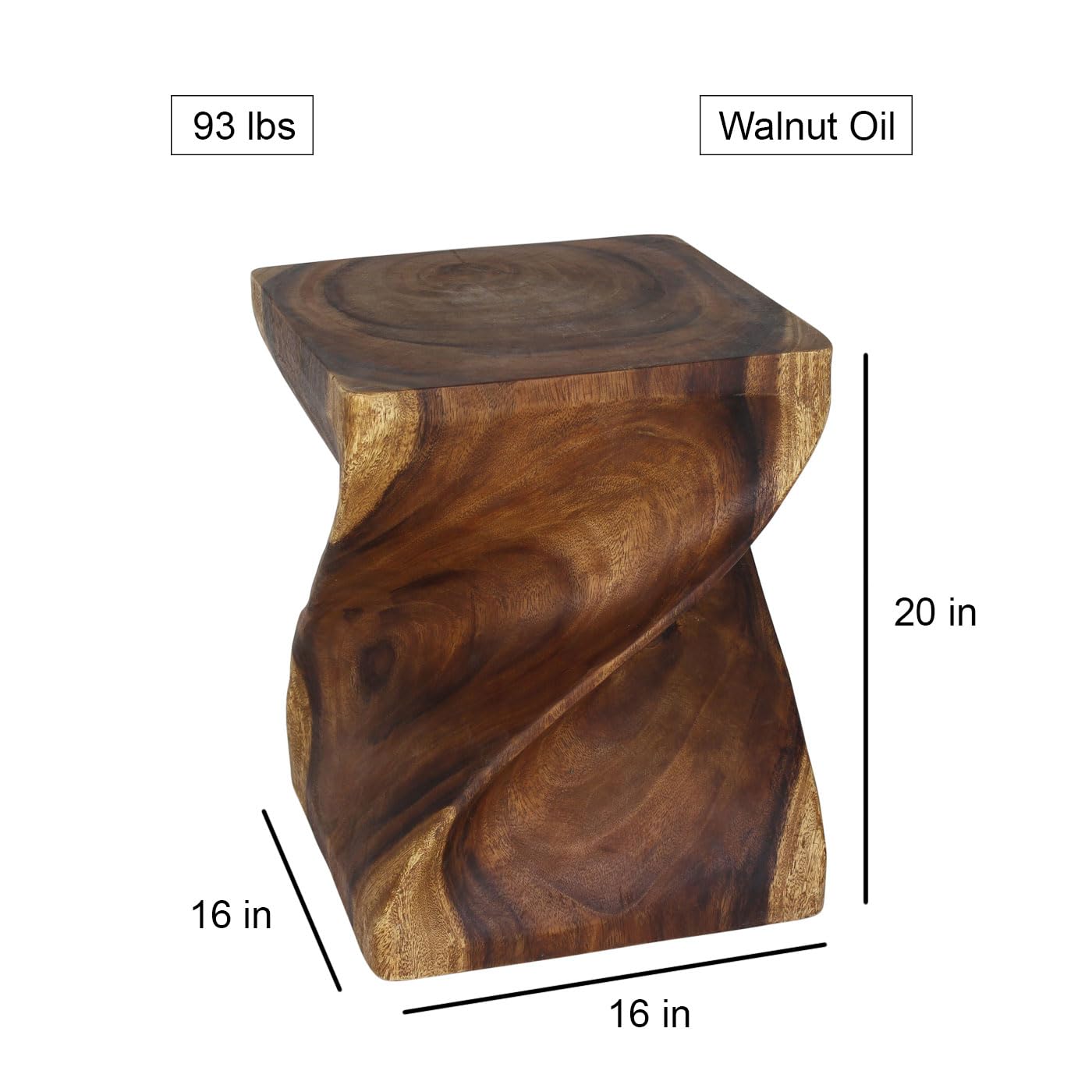 Haussmann® 16x16x20 Inch Walnut Wood Big Twist Coffee Table with Oil Finish - Perfect for Living Room, Lounge, and Modern Home Decor