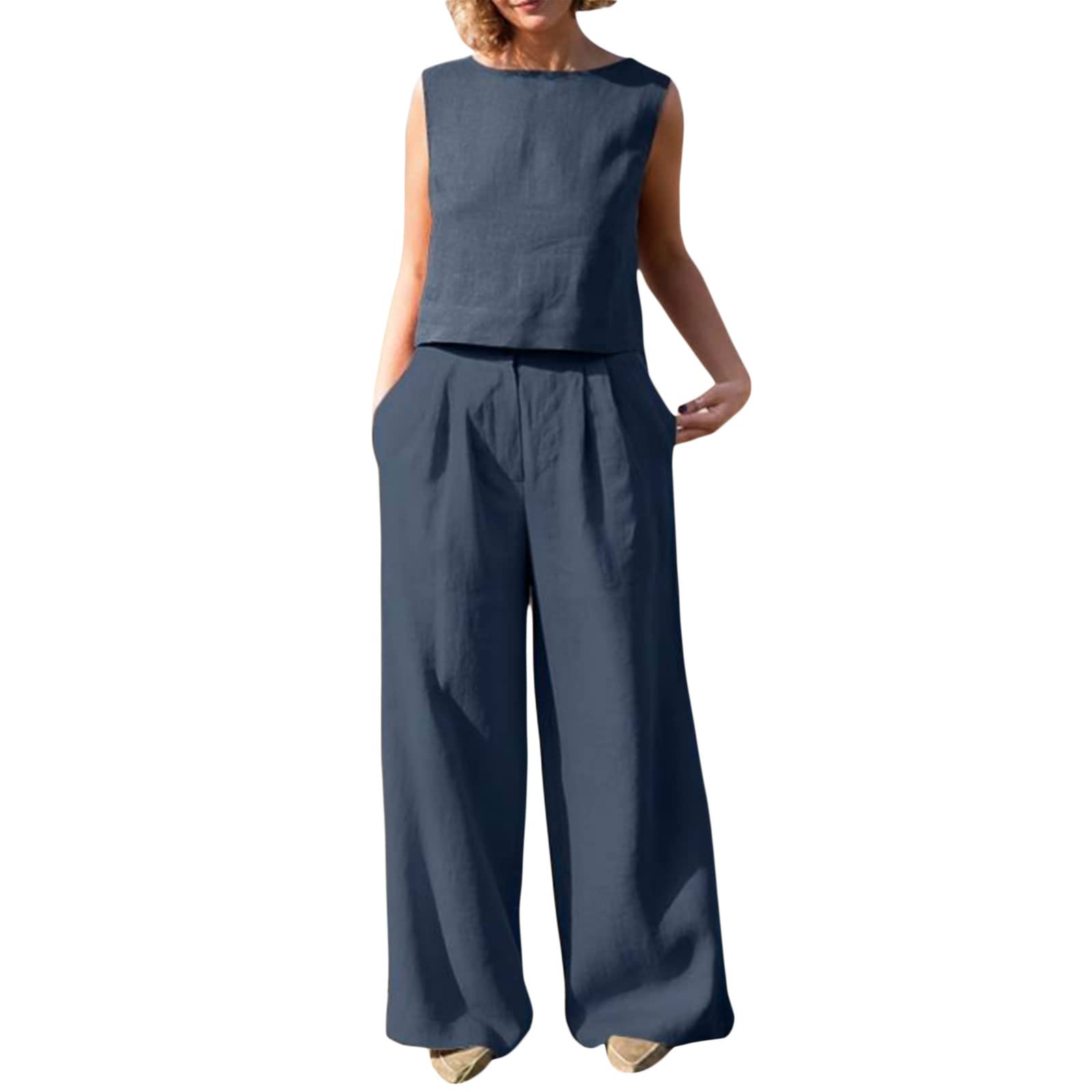Women's Summer Cotton Linen Two-Piece Outfit - Casual Plus Size Sweatsuit with Vintage Short Top & Straight Leg Pants with Pockets | Perfect for Beach, Vacation, and Everyday Wear