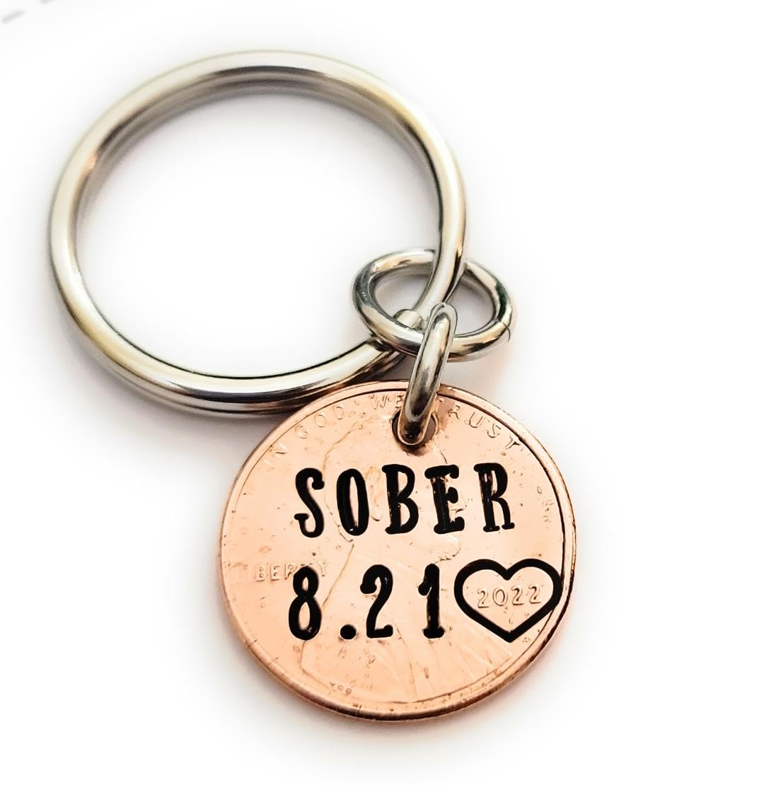Personalized SOBER Sobriety AA NA Anniversary Keychain - Recovery Coin & Lucky Penny Gift for Clean & Sober Life - Perfect for 1 Year, 5 Year, 10 Year Milestones in Addiction Recovery Programs