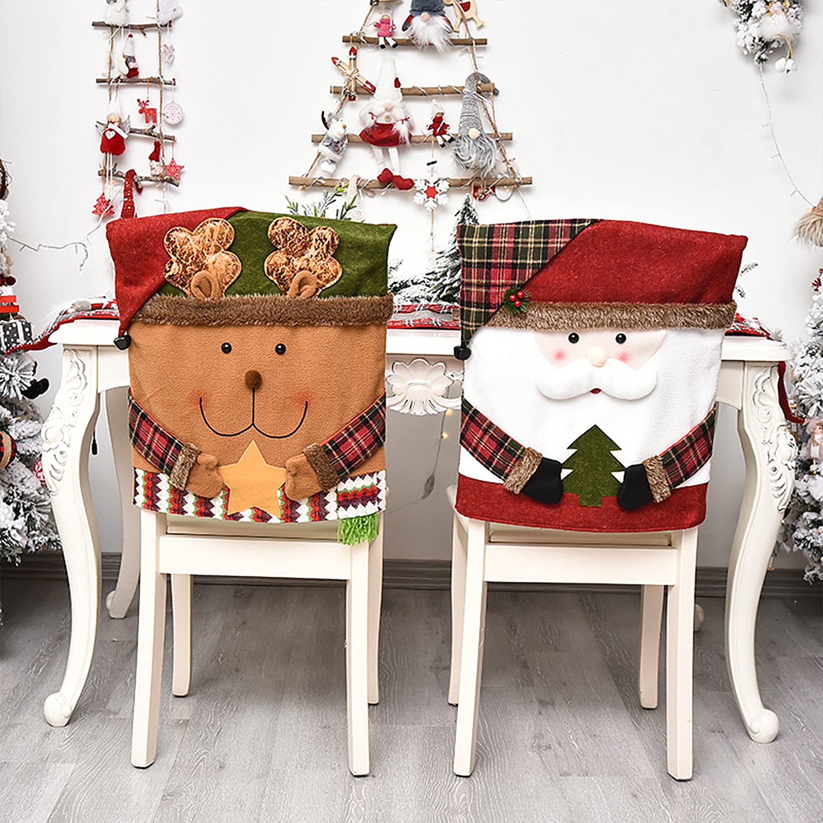 6 Pcs Christmas Chair Back Covers - Santa Claus Snowman Reindeer Holiday Dining Chair Slipcovers for Kitchen, Hotel & Party Decor | Perfect for Christmas Dinner, Holiday Gatherings & Festive Home Decoration
