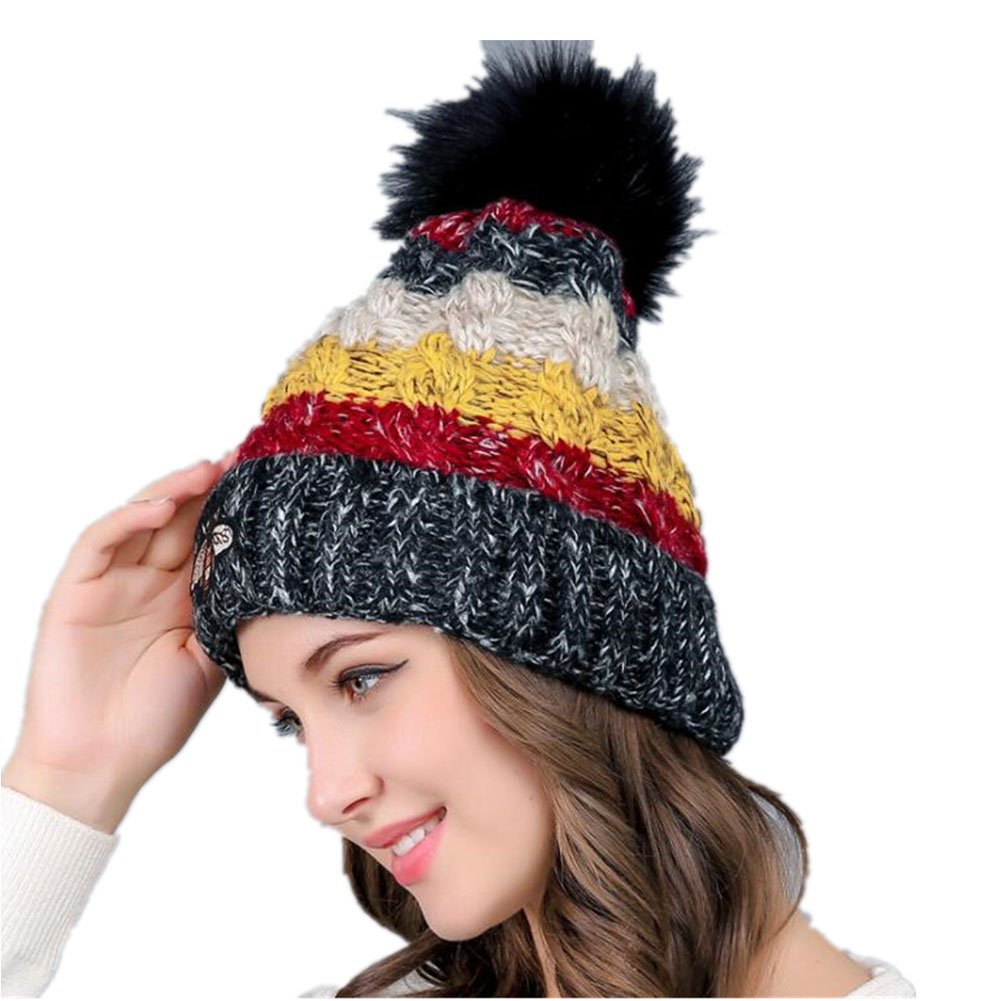 Chickwin Women's Faux Fur Pom Pom Beanie - Soft Fleece Lined Winter Hat for Cold Weather - Perfect for Skiing, Snowboarding & Outdoor Activities