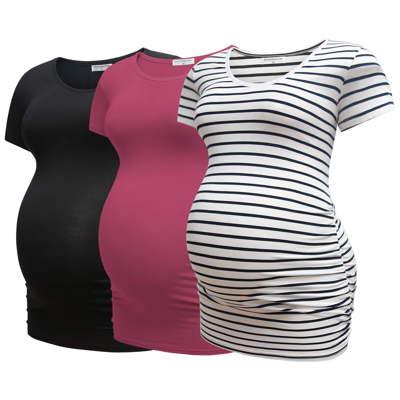 Bearsland Women's Maternity T-Shirt 3 Pack - Soft Stretch Side Ruched Pregnancy Tee Tops for Expecting Moms | Comfortable Nursing & Everyday Wear for Work, Home & Outings
