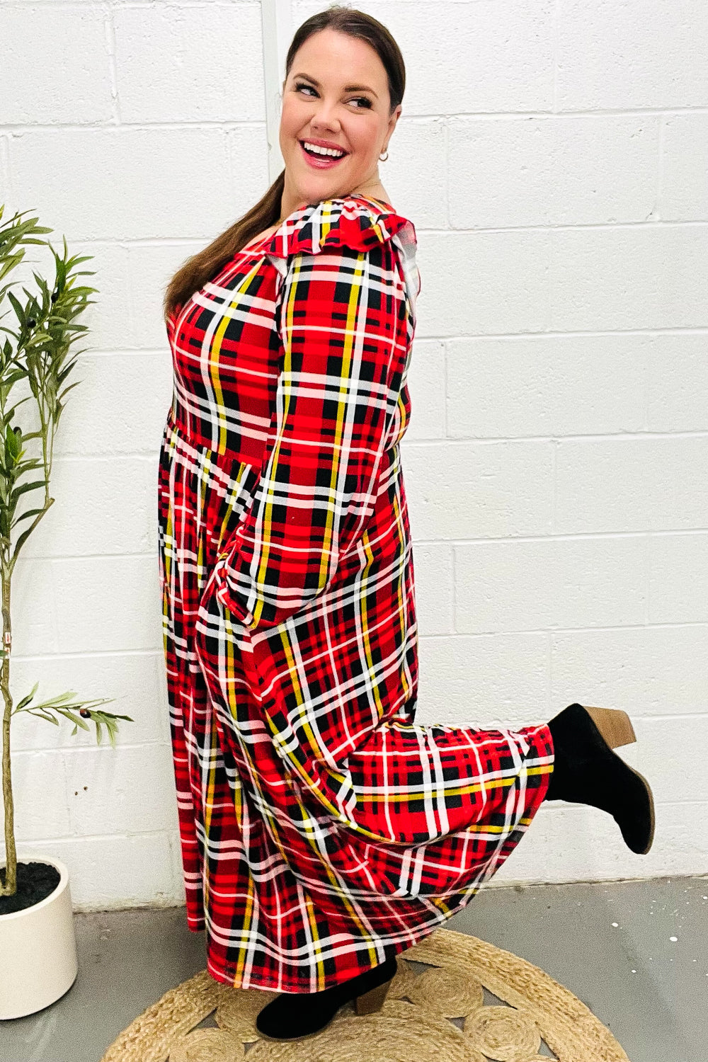 Stylish Red Plaid Fit & Flare Midi Dress with Ruffle Details - Perfect for Holiday Parties, Date Nights & Office Wear