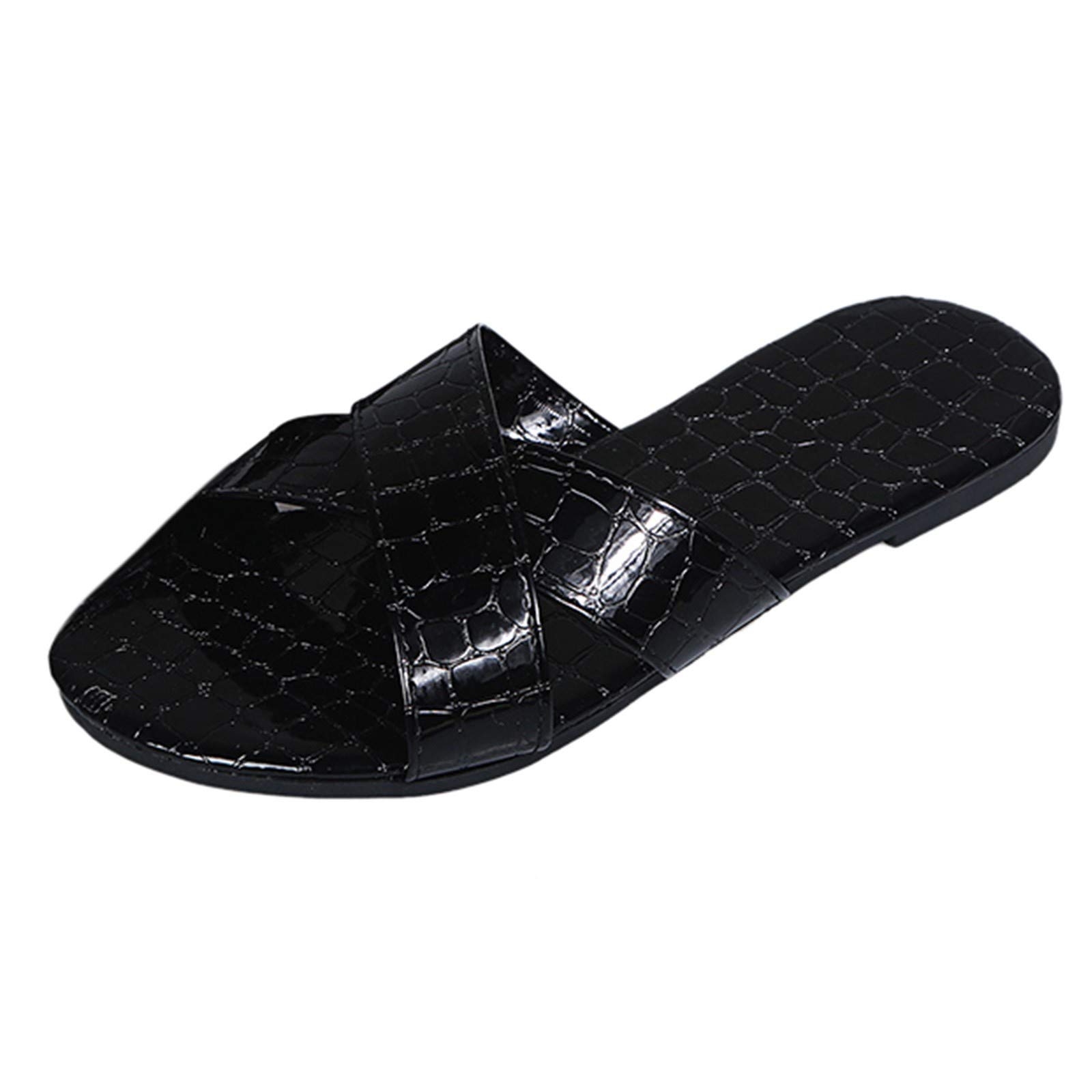 FFENYAN Women's Cross Strap Flat Slippers - Low Heel Non-Slip Open Toe Slides - Genuine Leather Comfortable House Shoes for Indoor/Outdoor, Lounge, Beach, Vacation Wear