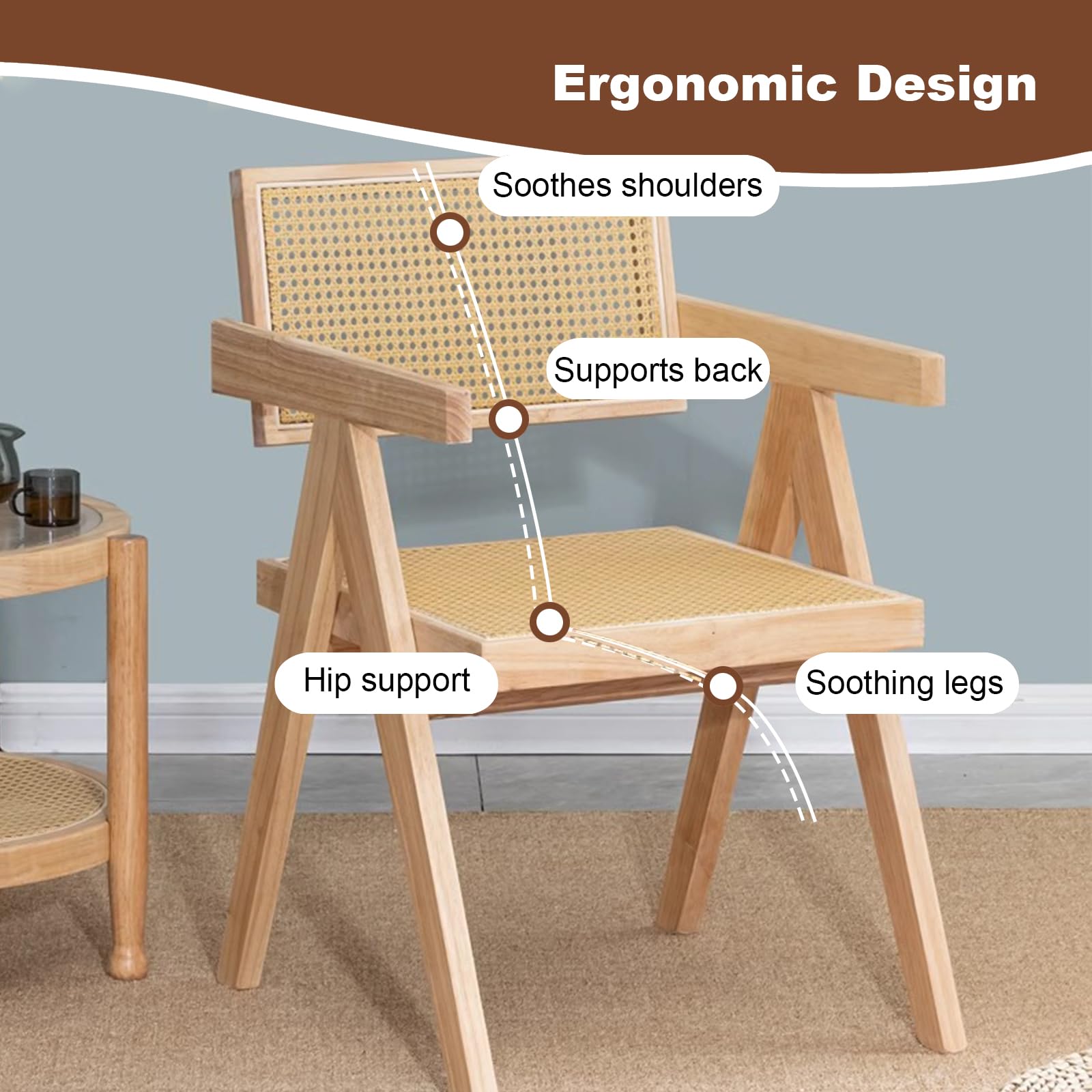 Rattan Dining Chair - Wooden Kitchen Cane Armchair with Woven Backrest & Seat - Comfortable for Living Room, Bedroom, Restaurant - Perfect for Indoor Dining, Home Decor & Entertaining (Black)
