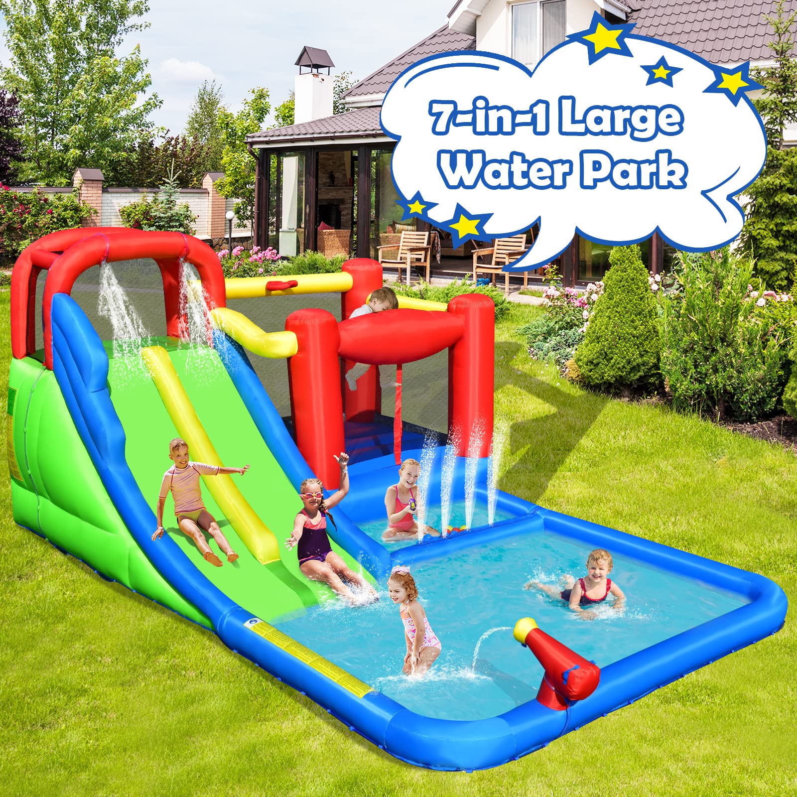 **HONEY JOY 7-in-1 Giant Inflatable Water Slide & Bounce House - Double Long Slide, Splash Pool, Backyard Water Park for Kids & Adults (Blower Not Included) - Perfect for Summer Parties, Birthdays & Outdoor Fun**