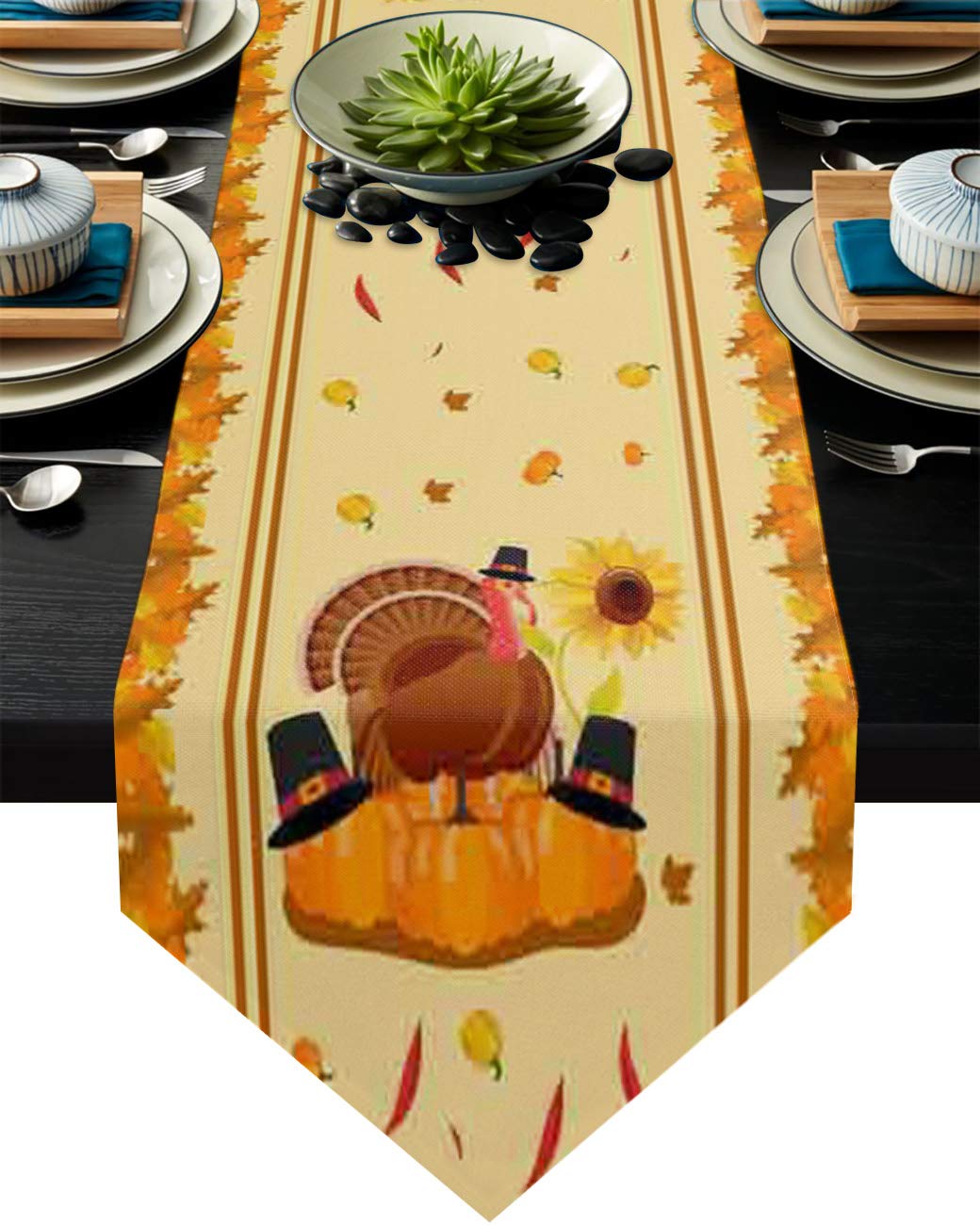 Farmhouse Turkey Table Runner - Cotton Linen Burlap Washable Dining Decor for Thanksgiving, Sunflowers & Pumpkins - Perfect for Holiday Parties, Weddings & Kitchen Decor