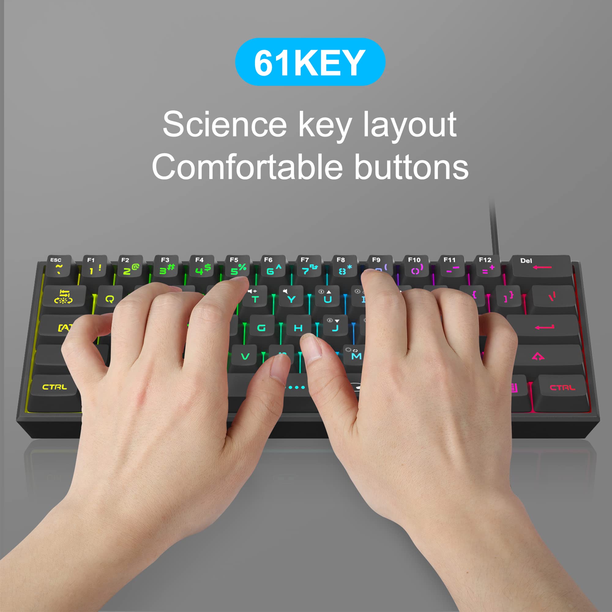 MageGee 60% Compact Mechanical Gaming Keyboard - RGB Backlit, Waterproof, 61 Keys for PC, Mac, Windows, Xbox, PS - Perfect for Esports, Office Work & Home Gaming (Black)