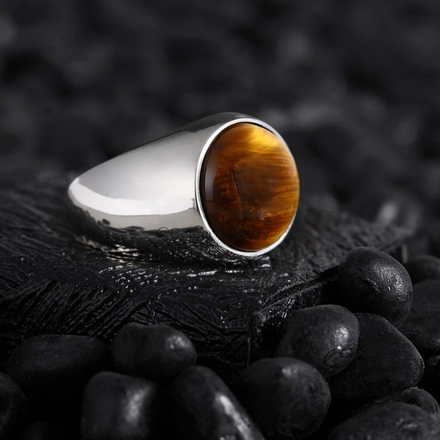 Tiger Eye Natural Gemstone Men's Ring - 925 Sterling Silver Signet Ring for Men, Unique Groomsmen Gift, Friendship Jewelry, Statement Piece - Perfect for Weddings, Anniversaries & Special Occasions (Tiger's Eye, Size 7)