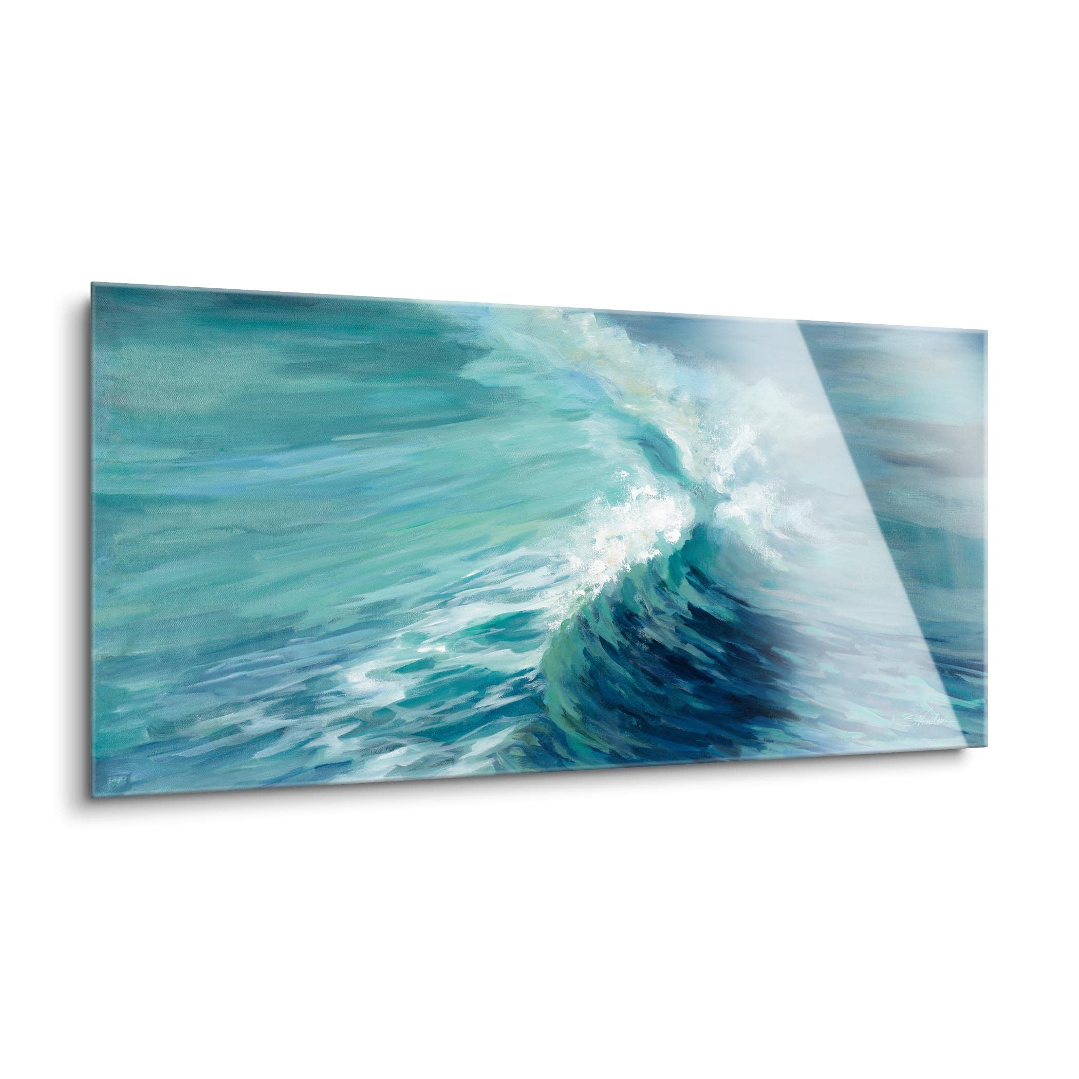SOULFINE Frameless Tempered Glass Wall Art - 24x12 Inches Aquamarine Wave Design for Modern Home & Office Decor - Perfect for Living Room, Bedroom, or Office Wall Decorations