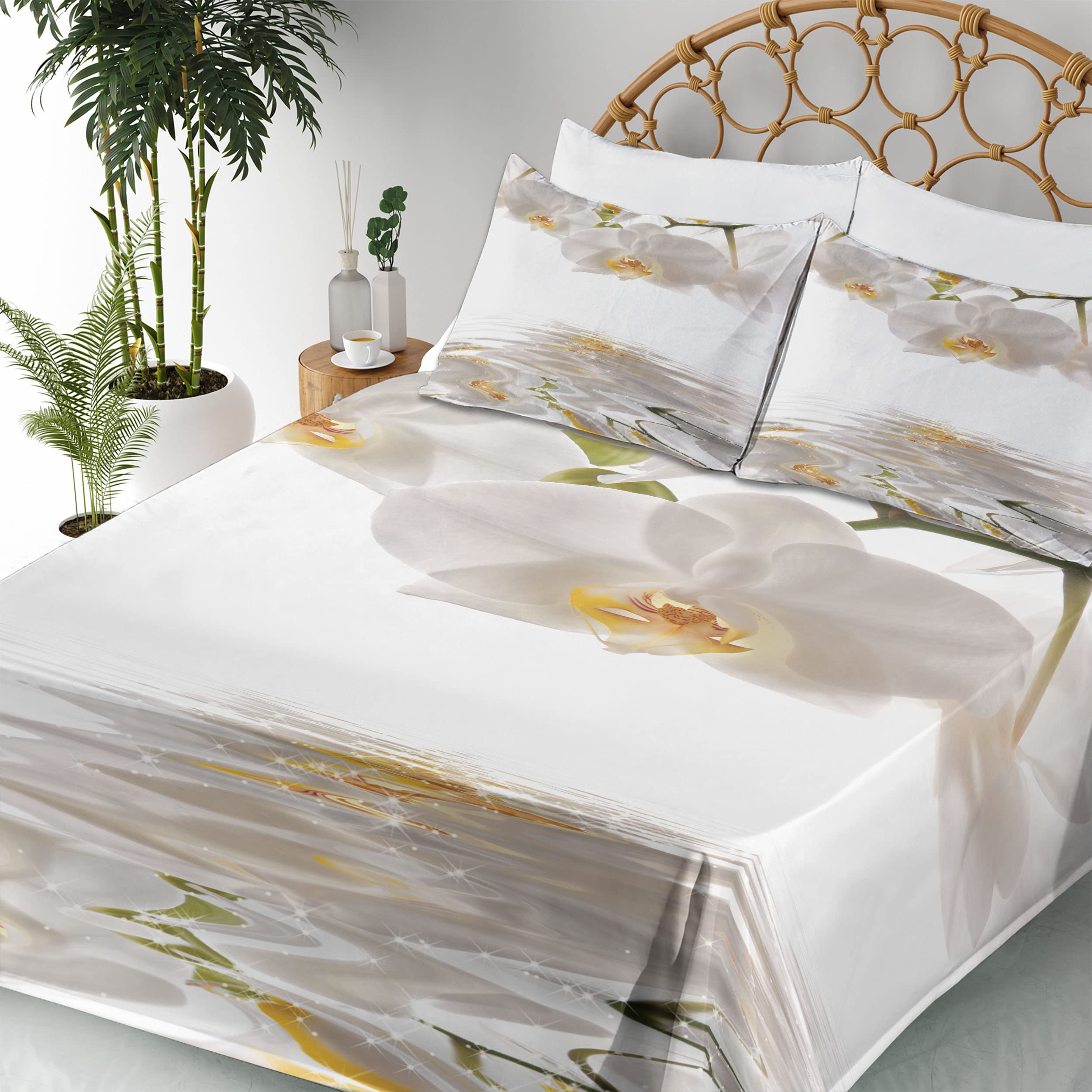 Ambesonne Floral Bedding Set - Romantic Orchid Branch on Water Print 4-Piece King Size Sheet Set with Fitted Sheet, Flat Sheet & Pillowcases (Off-White & Orange) | Perfect for Master Bedroom, Guest Room & Vacation Homes
