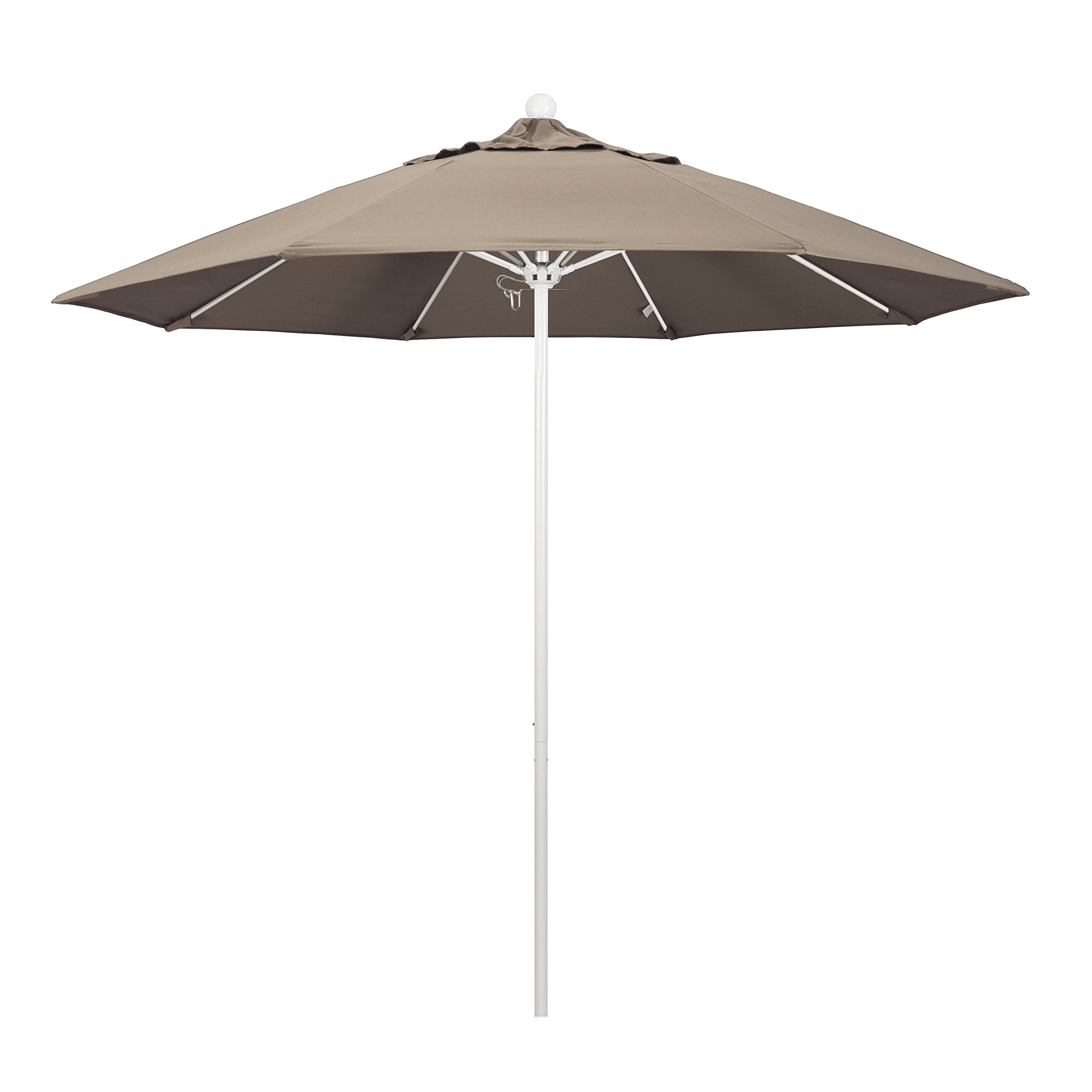 California Umbrella 9' Round Venture Series Commercial-Grade Patio Umbrella - Push-Open Pin Stop Mechanism, White Frame with Sunbrella Taupe Fabric - Perfect for Outdoor Dining, Poolside Lounging & Backyard Relaxation