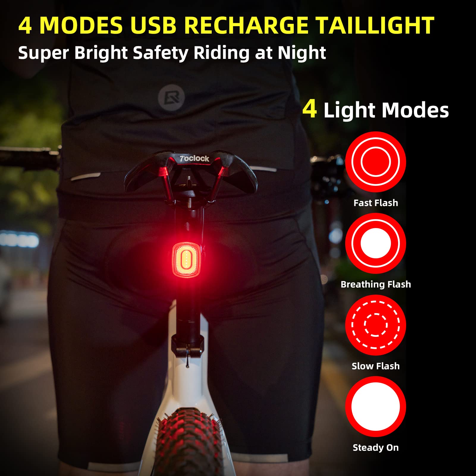 ROCKBROS Smart Bike Tail Light - USB Rechargeable, IPX6 Waterproof, Brake Sensing LED Bicycle Rear Light for Night Riding & Cycling Safety (260mAh, 4 Modes) - Perfect for Road Bikes, Mountain Bikes & Commuting in Low Light Conditions