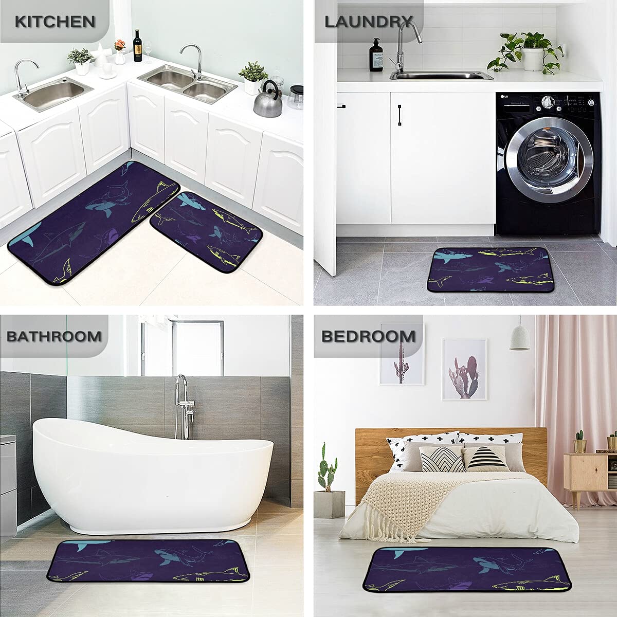 Abstract Shark Kitchen Rugs and Mats Set - 2 Piece Non-Slip Washable Runner Rug for Kitchen Floor, Laundry Room, Bathroom, and Home Decor