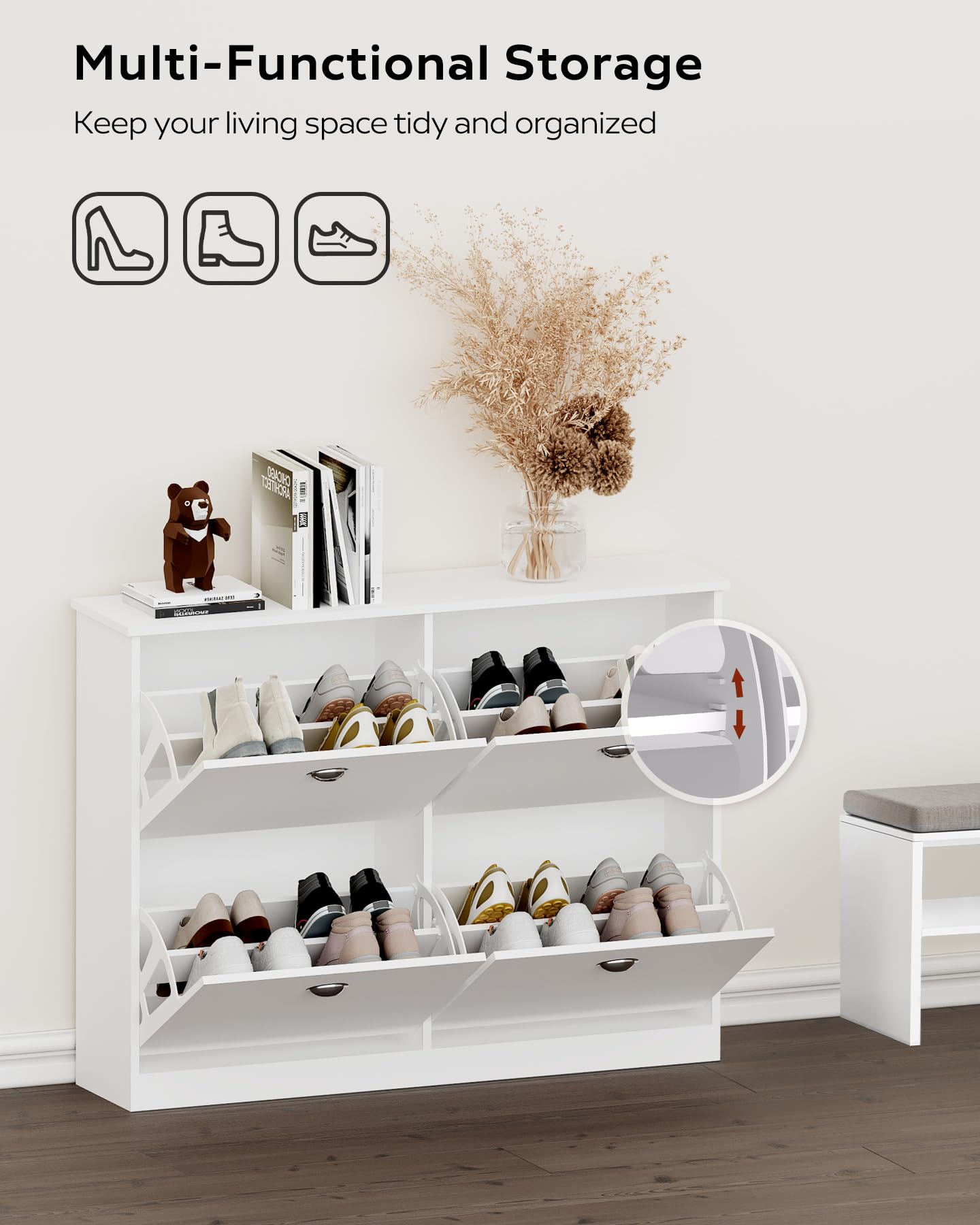 Slim White Shoe Cabinet with 4 Hidden Drawers - Space Saving Narrow Shoe Rack for Entryway, Foyer, Hallway & Bedroom Storage - Perfect for Small Apartments & Closet Organization