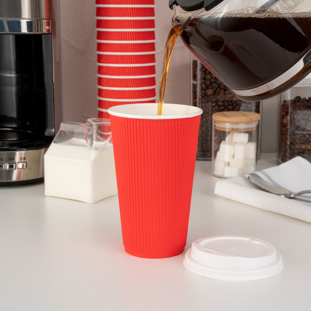 16 oz Red Ripple Wall Paper Coffee Cups with White Lids - 200 Count Bulk Pack (3.5