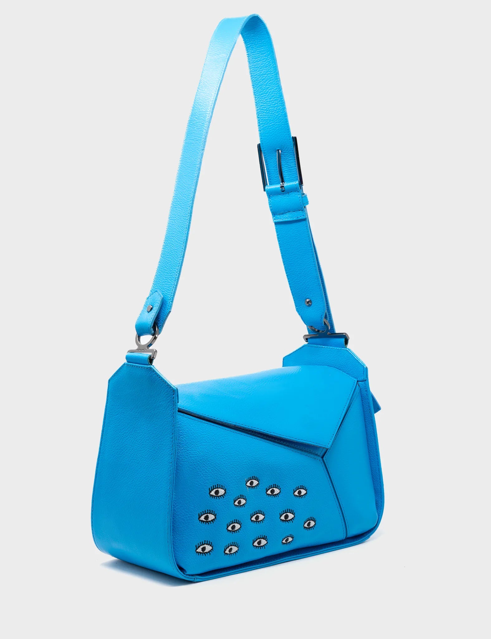 Houston Blue Leather Shoulder Bag with Eye Embroidery - Stylish Crossbody Purse for Women, Perfect for Work, Travel & Everyday Use
