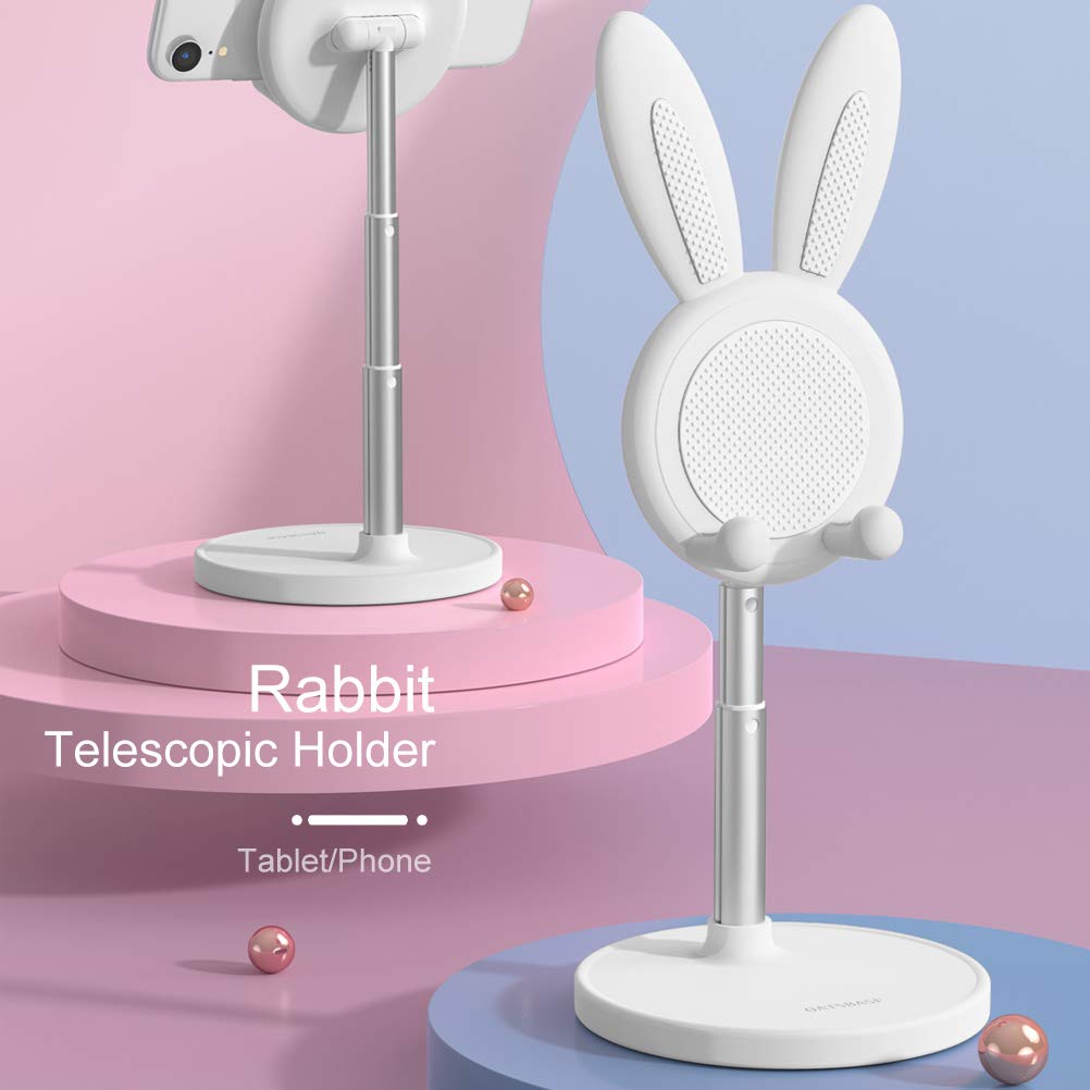 Adjustable Bunny Phone Stand for Desk - Cute Rabbit Phone Holder with Angle & Height Control - Compatible with All Smartphones & Tablets 4-10 inches (White) - Perfect for Home Office, Bedside, Kitchen & Video Watching