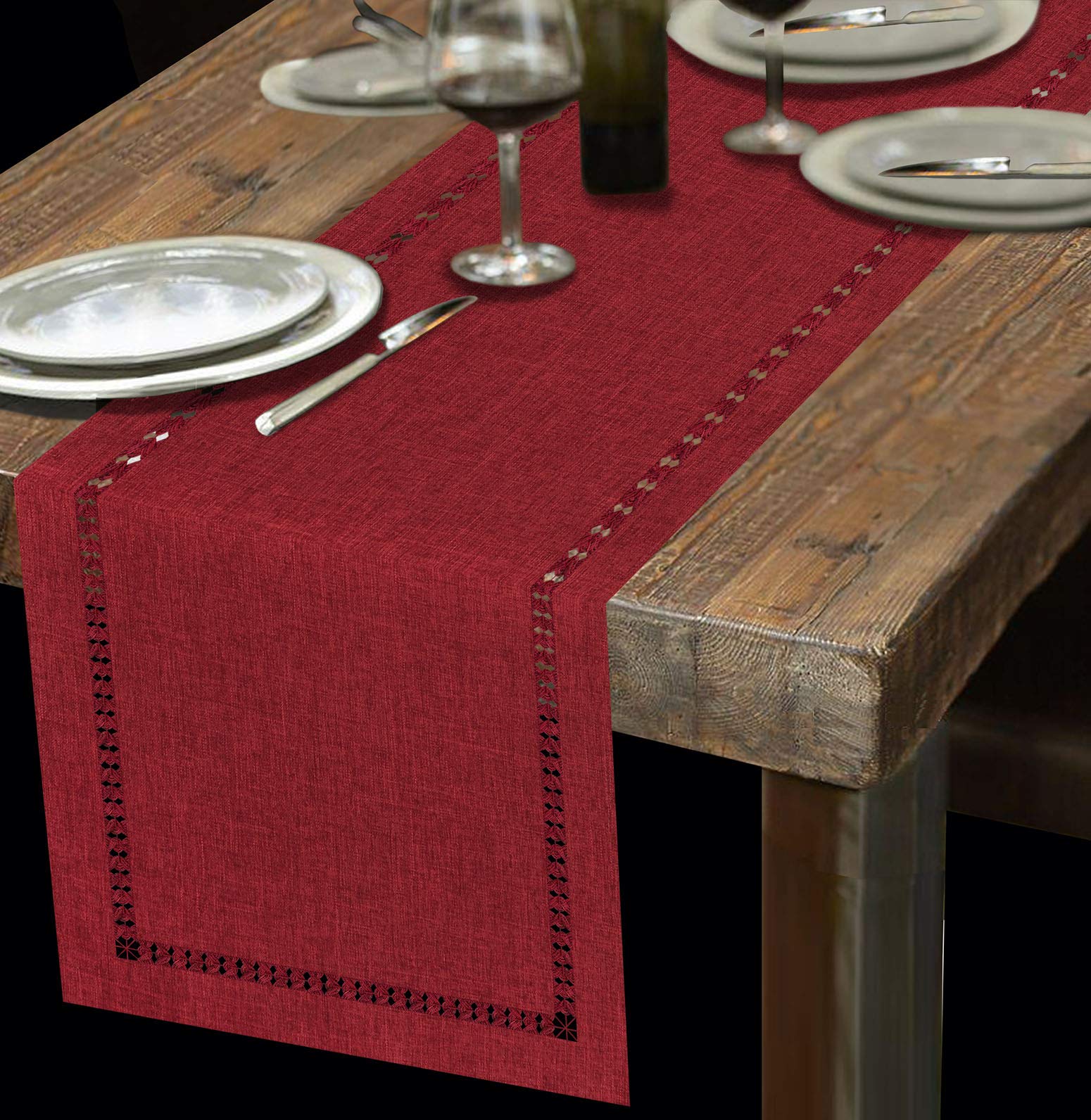 Grelucgo Handmade Hemstitched Polyester Table Runner - 14x48 Inch Cranberry Red Rectangle Table Scarf for Dining Table, Buffet, Dresser Decor - Elegant Home & Wedding Decoration
