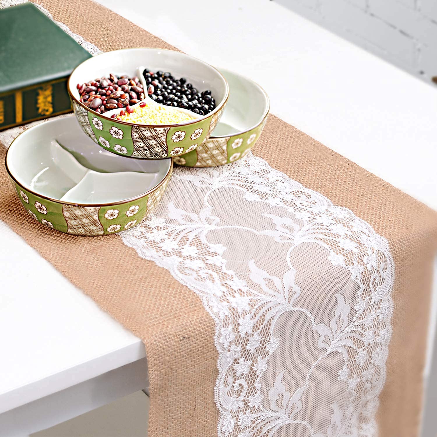 10 Pcs Burlap Table Runner 108x12 Inch - Natural Jute Table Runner with White Lace Trim, Rustic Wedding Table Decor, Rectangle Table Cover for Holiday Dinner, Party, Farmhouse & Country Style Events