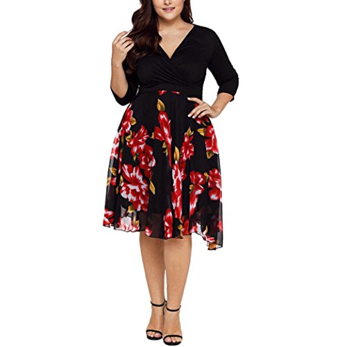 Muranba Plus Size Women's V-Neck Wrap Floral Midi Dress - Elegant Prom & Party Wear for Curvy Figures | Perfect for Weddings, Cocktail Parties & Special Occasions