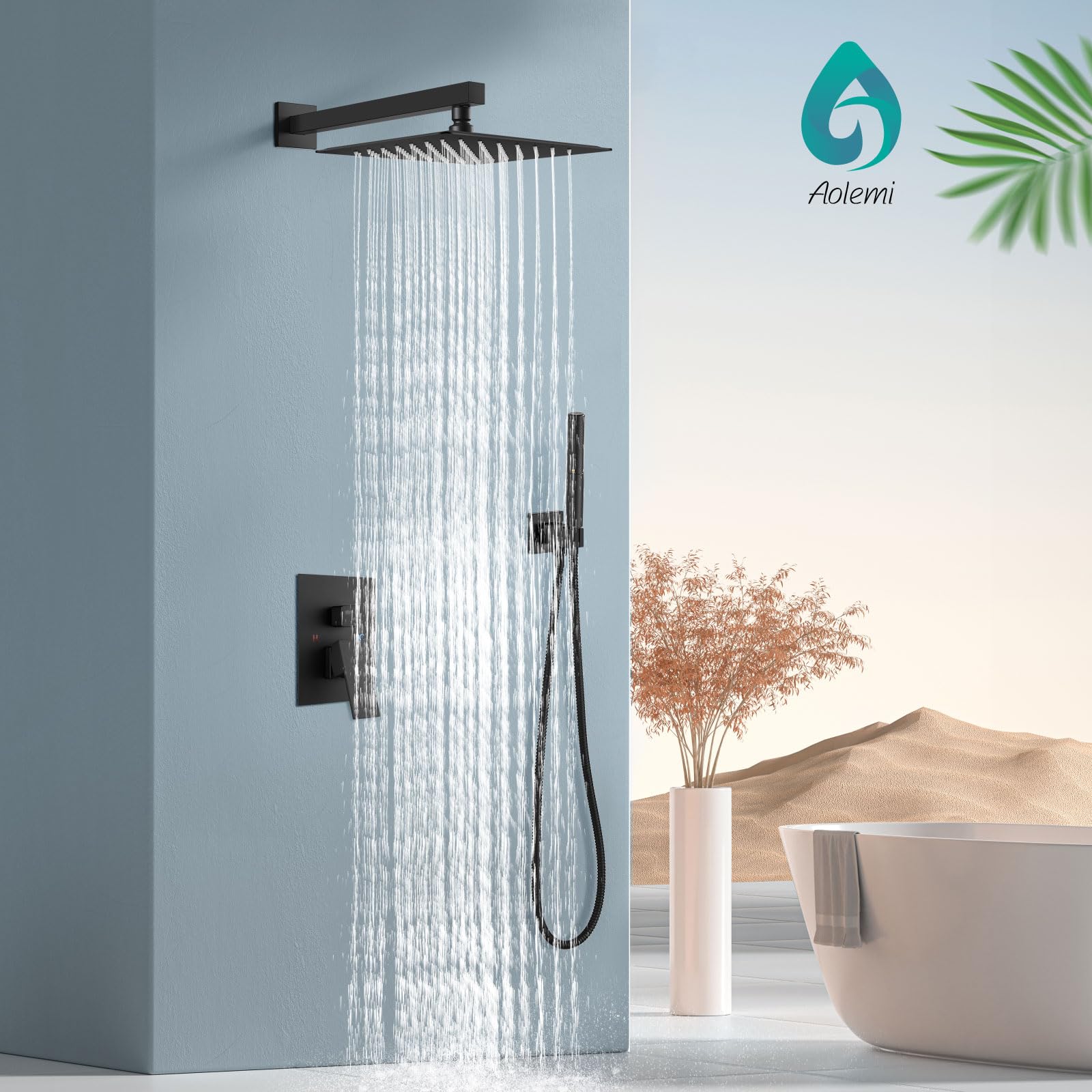 Aolemi 12 Inch Matte Black Shower System - Rainfall Shower Head & Handheld Wall Mount Combo, High Pressure Shower Faucet Set with 2-in-1 Spray Valve - Perfect for Master Bathroom, Spa-Like Shower Experience