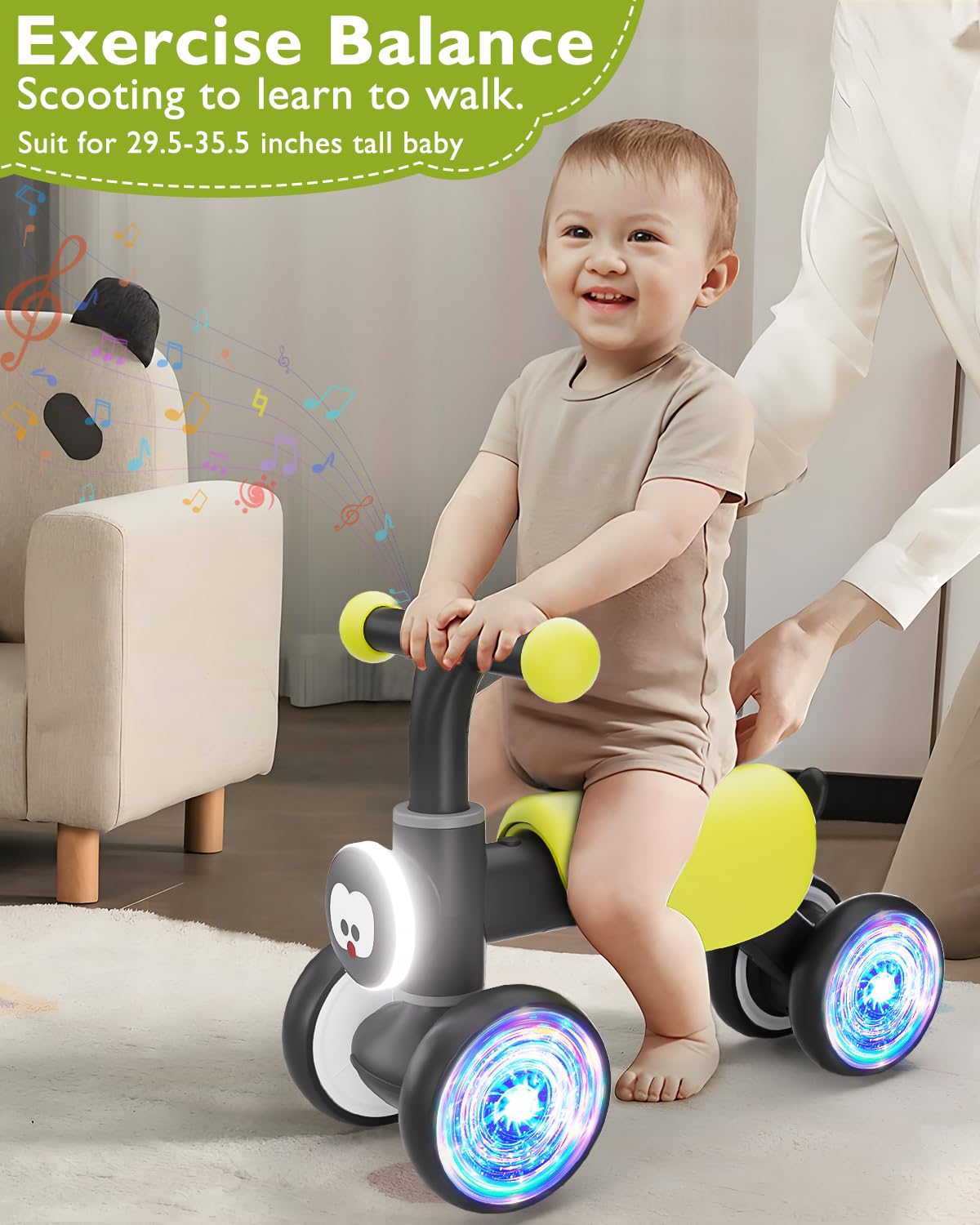 **Colorful Glow Wheel Toddler Balance Bike for 1-2 Year Old Boys & Girls | 12-24 Months Baby Bike with Soft Music & Cute Animal Sounds | First Birthday Gift | Indoor & Outdoor Play, Learning to Walk & Ride**