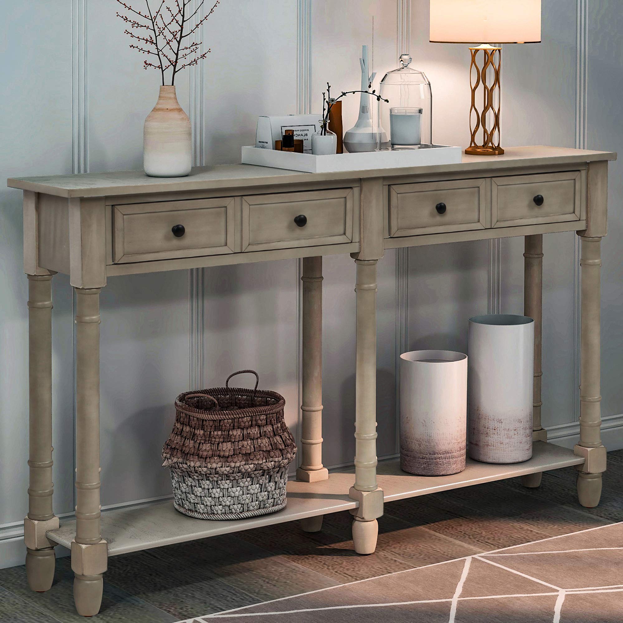 Merax Retro Console Table with Drawers and Shelf - Entryway Sofa Table, Living Room Side Table in Grey Wash | Perfect for Hallway Decor & Small Space Furniture