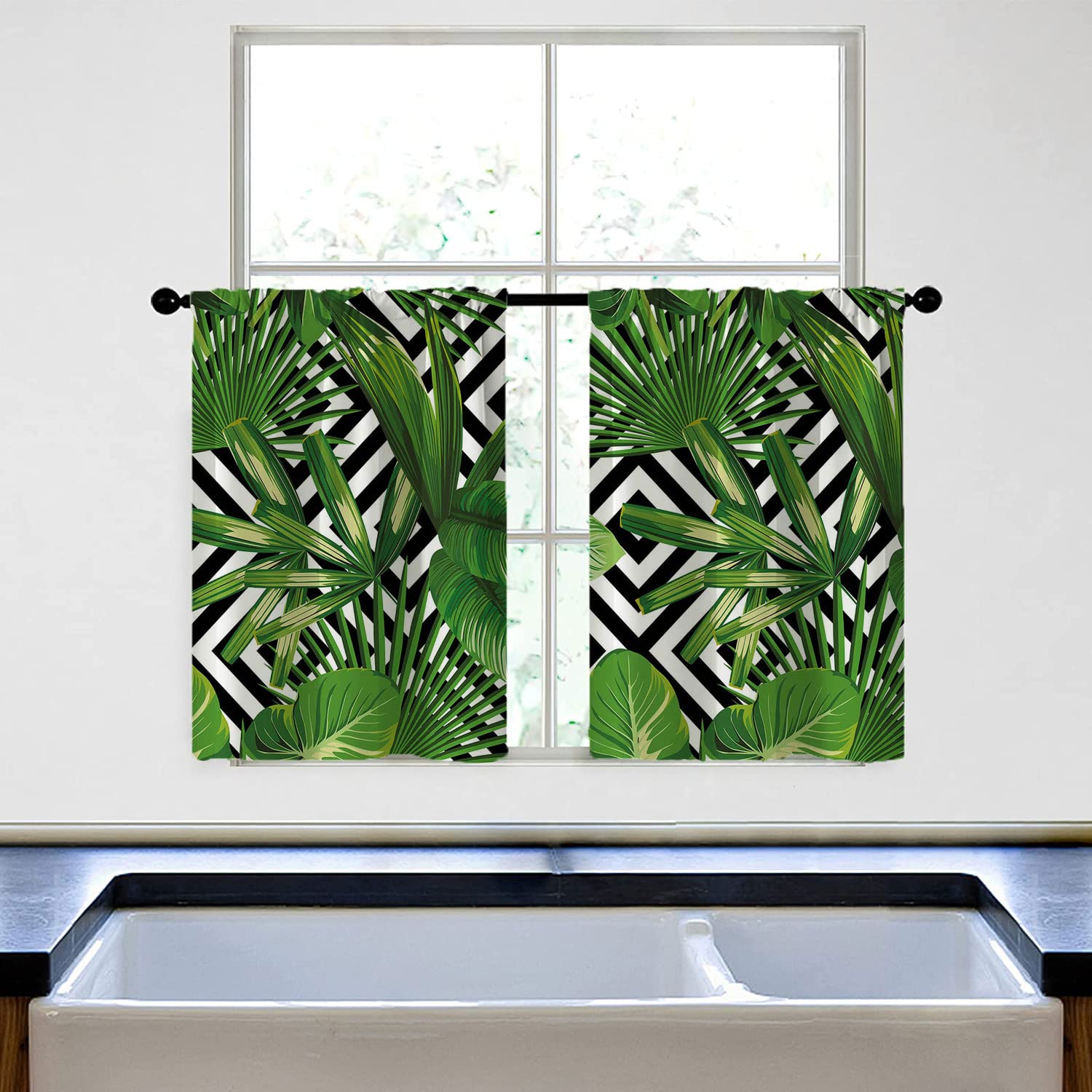 Tropical Palm Leaf Kitchen Curtains - 2 Panel Set with Black & White Geometric Background, Rod Pocket Design for Half Windows (42x36 Inches, Green) - Perfect for Bathroom, Basement & Jungle-Themed Decor