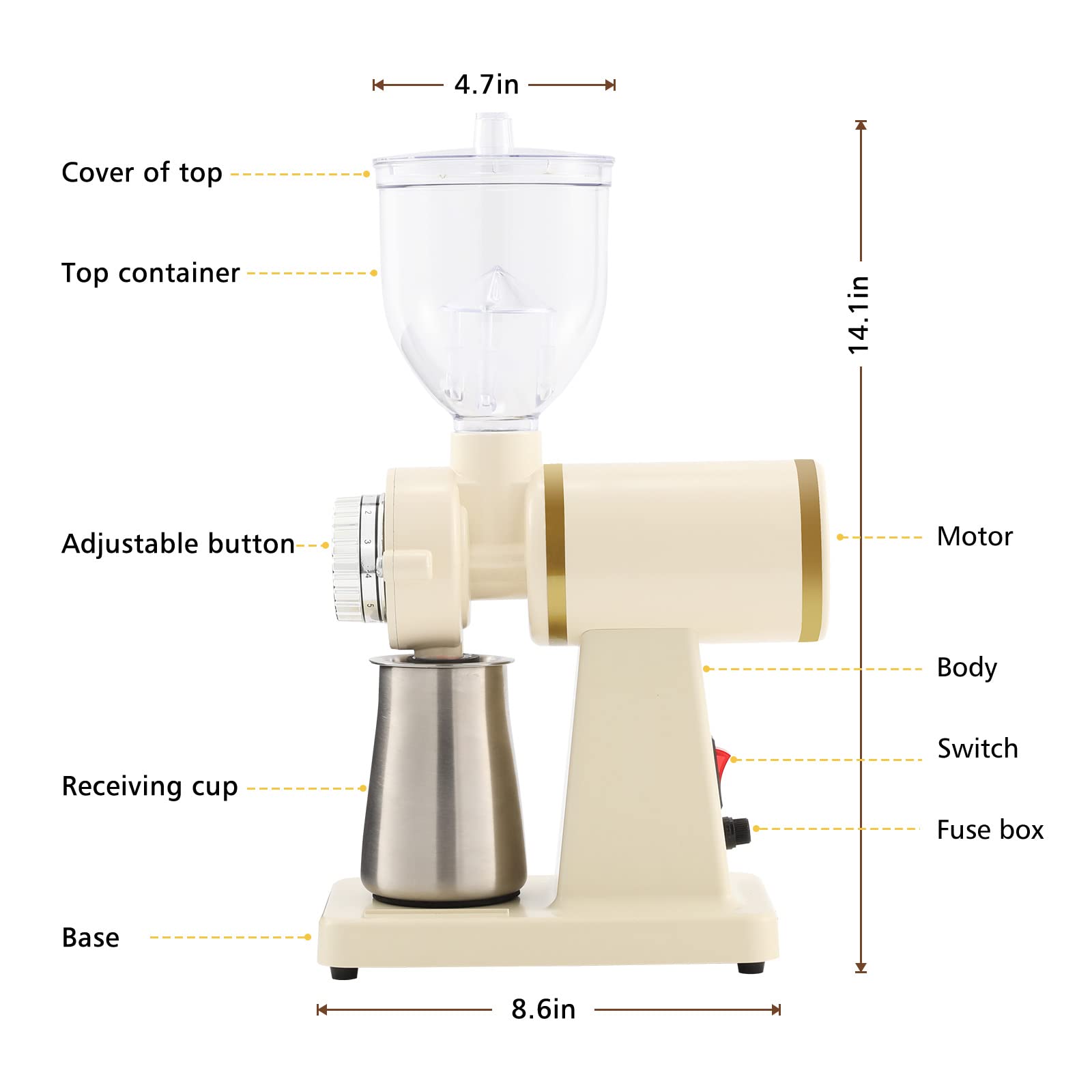 Electric Burr Coffee Grinder for Espresso - Stainless Steel with Brush, Creamy White - Perfect for Home & Office Use