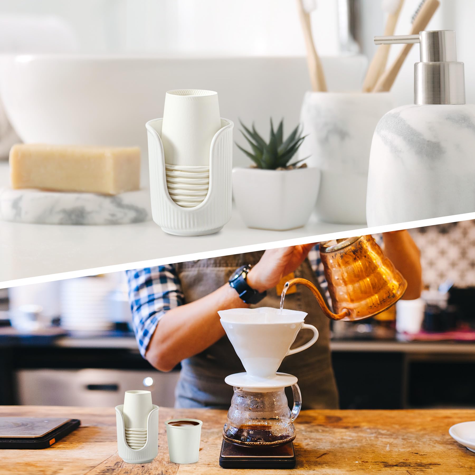 Stylish White Ceramic Bathroom Cup Dispenser with Vertical Stripes - Holds 3-4oz Disposable Paper Cups for Mouthwash & Rinsing - Perfect for Vanity Countertops, Guest Bathrooms & Dental Offices