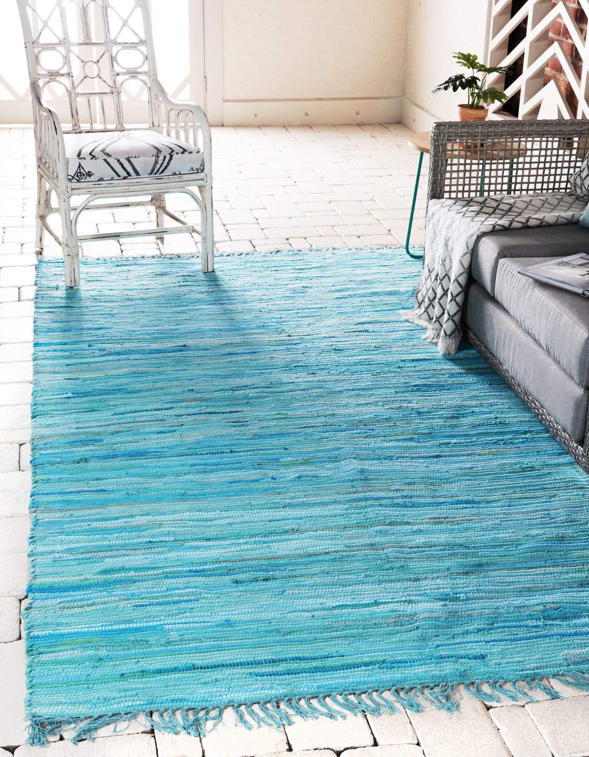 Unique Loom Handwoven Chindi Cotton Striped Area Rug - 8x10 ft Natural Fiber Floor Mat in Turquoise & Ivory | Boho Chic Living Room Decor, Bedroom Accent Rug
