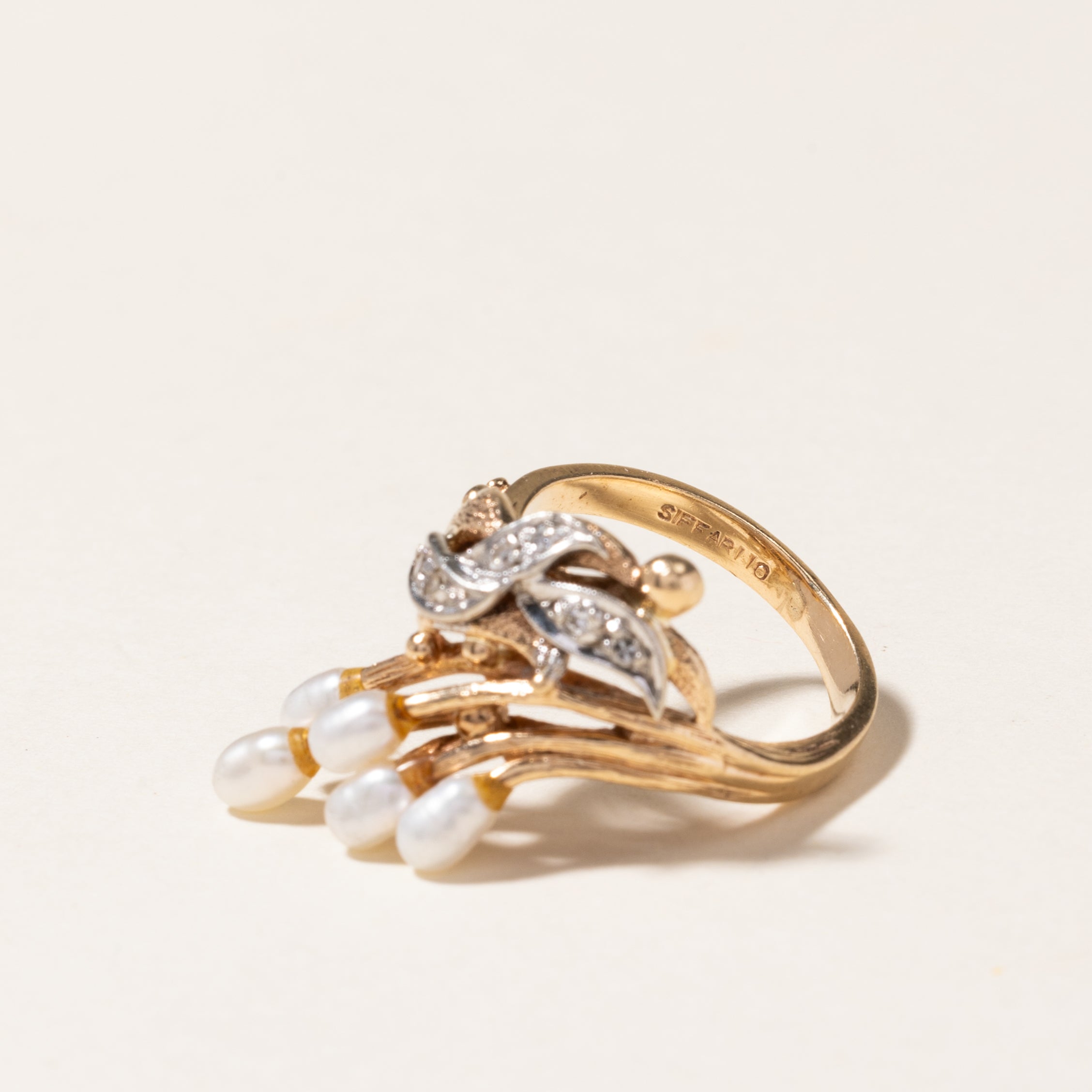 Elegant Pearl & Diamond Abstract Cocktail Ring | 3.00mm x 4.50mm, 0.03ctw | Size 4.75 | Perfect for Evening Parties, Weddings & Special Occasions