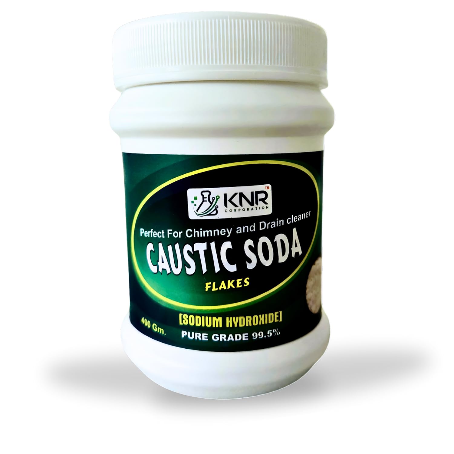 KNR CORPORATION Caustic Soda Flakes (400G) - Fast-Acting Drain Cleaner, Sink Unclogger & Chimney Cleaner | Odorless Formula for DIY Soap Making & Home Cleaning | 400 Gram Jar for Kitchen, Bathroom & Industrial Use