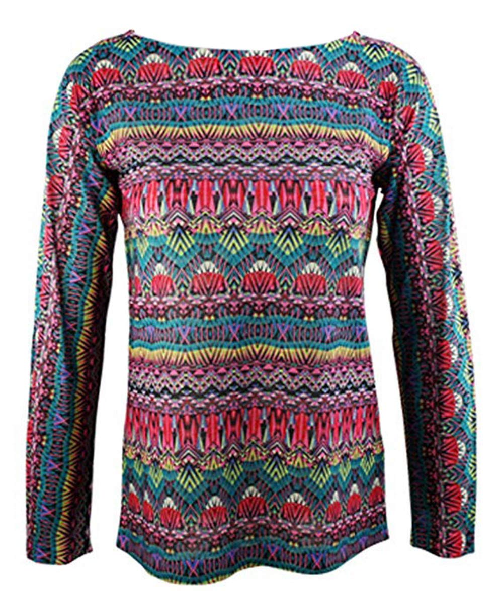 Nally & Millie Women's Lightweight Boat Neck Top - Ancient Ways Horizontal Pattern Casual Blouse for Summer Outfits & Beach Wear