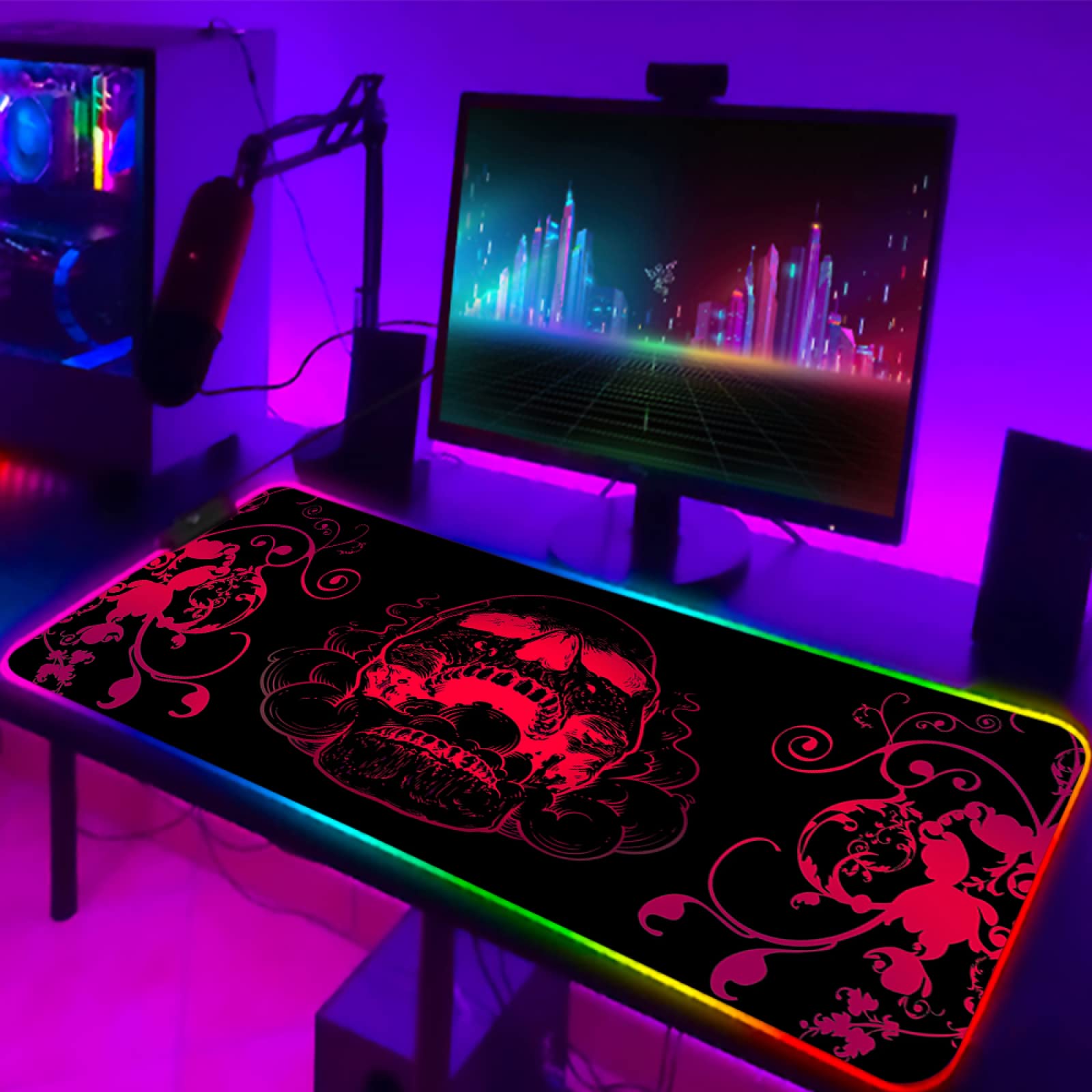 RGB Gaming Mouse Pad with Red Horror Skull Design - 19.7x47 Inch Non-Slip Rubber Base LED Mouse Mat for PC, Laptop & Gaming Setup - Perfect for Esports, Streaming & Anime Enthusiasts