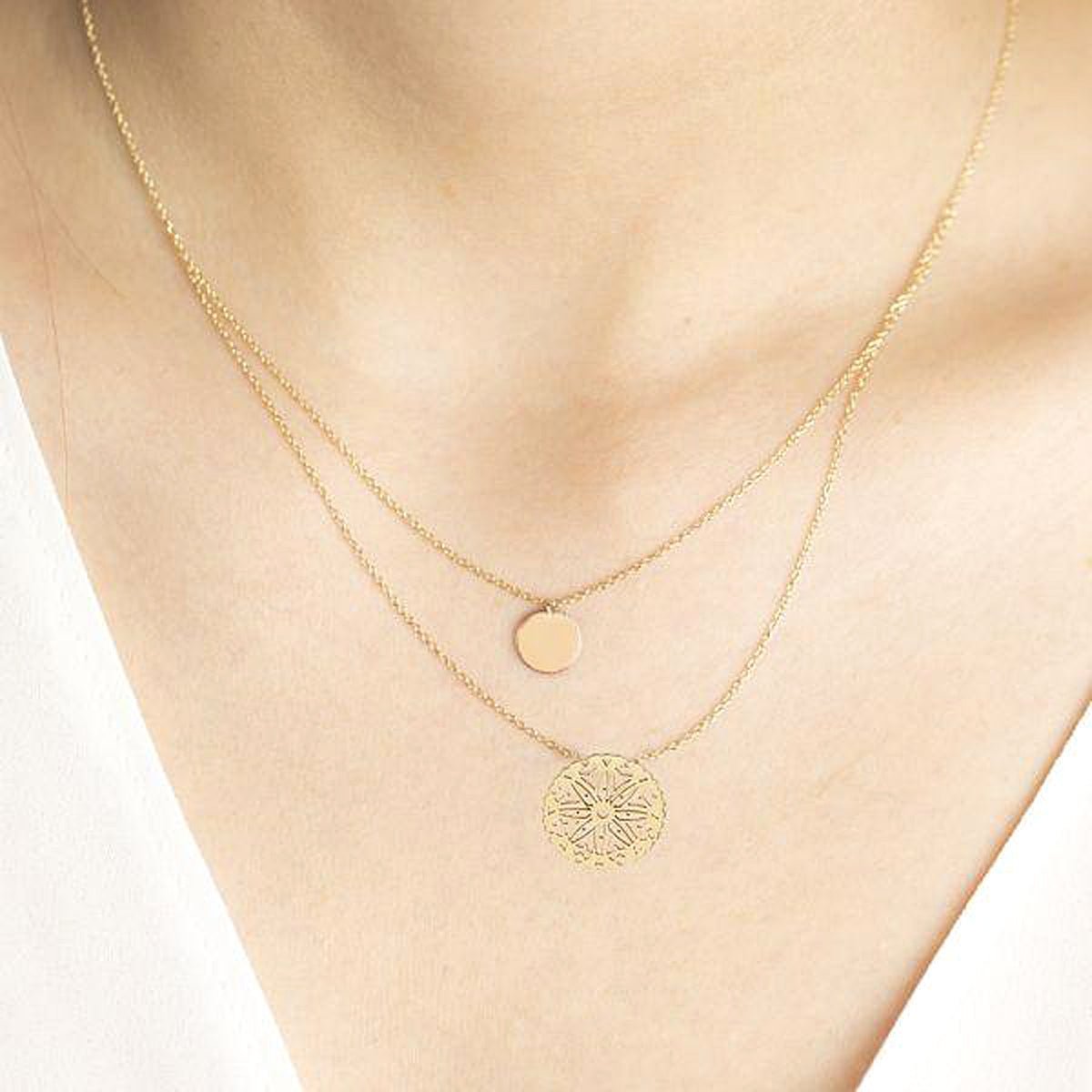 14k Yellow Gold Double Wrap Disc & Medallion Necklace for Women - Elegant Layered Pendant Jewelry Gift for Birthday, Anniversary & Special Occasions