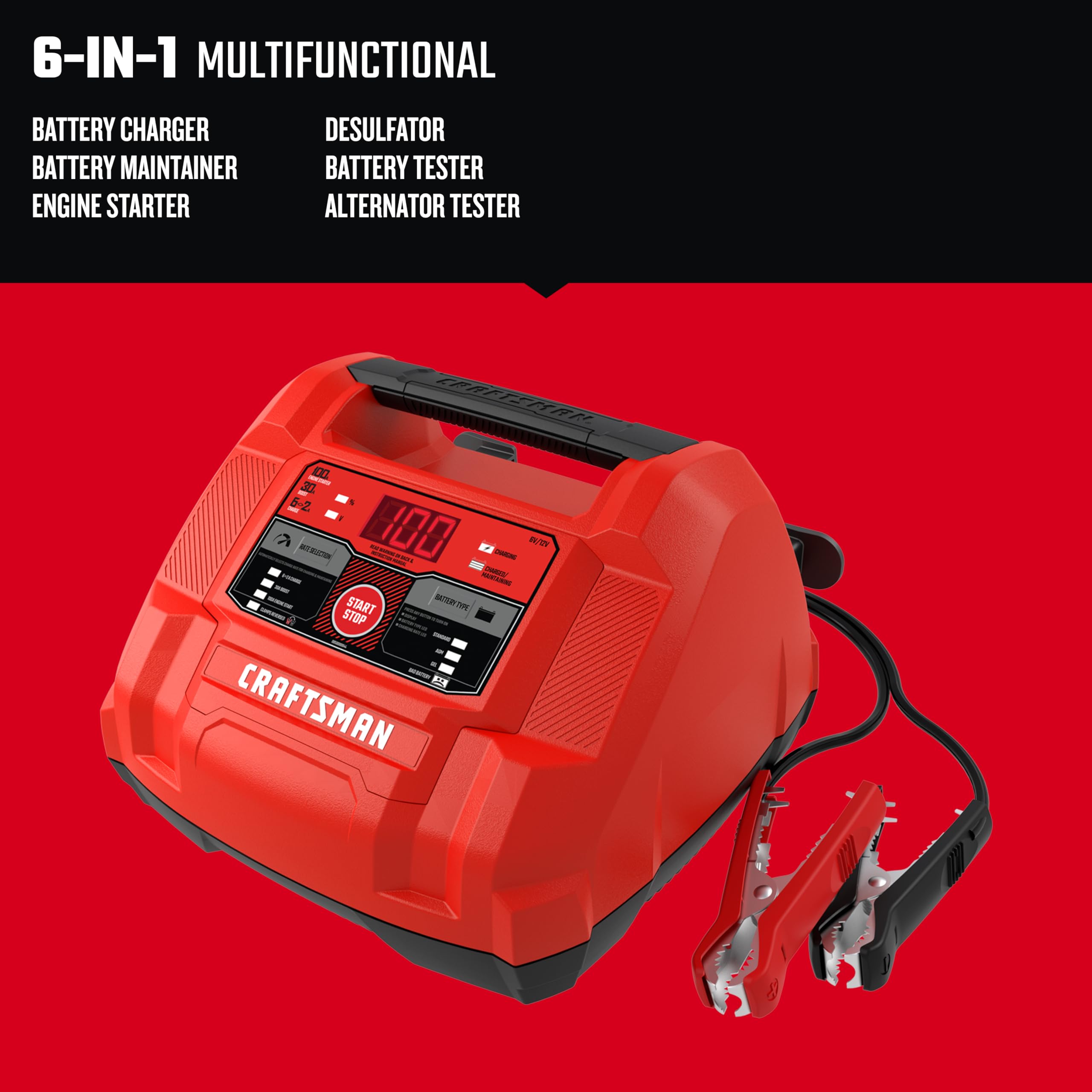 CRAFTSMAN 6-in-1 Fully Automatic Battery Charger & Engine Starter CMXCESM253 - 100 Cranking Amps, 6V/12V Battery Tester & Alternator Tester for Car, SUV, Truck & Marine Batteries - Perfect for Roadside Emergencies & Winter Vehicle Maintenance