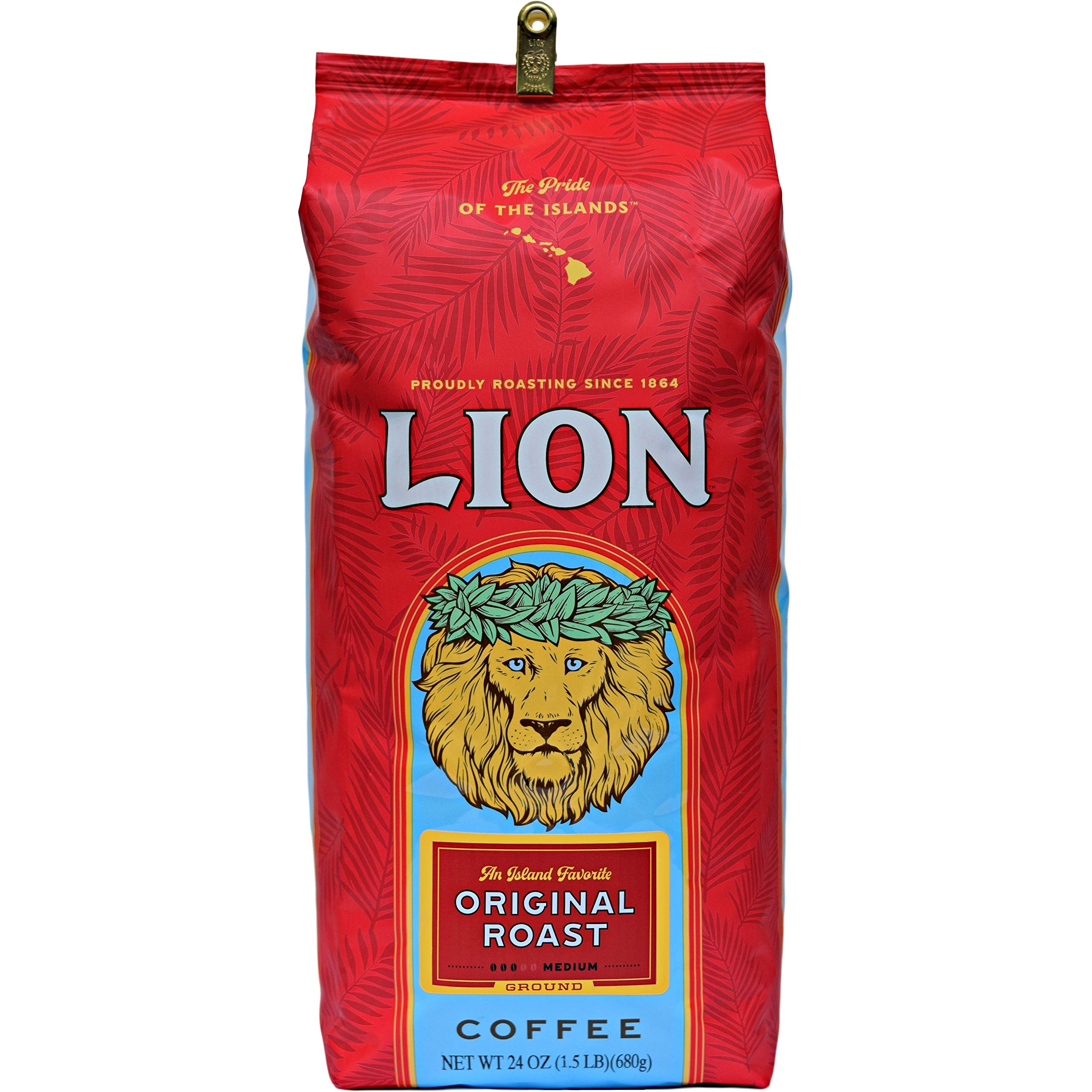 Lion Coffee Classic Original Whole Bean Coffee - Medium Roast, 100% Arabica, 24oz Bag (1.5lb) | Premium Hawaiian Coffee for Drip, French Press & Espresso | Perfect for Home Brewing & Office Use