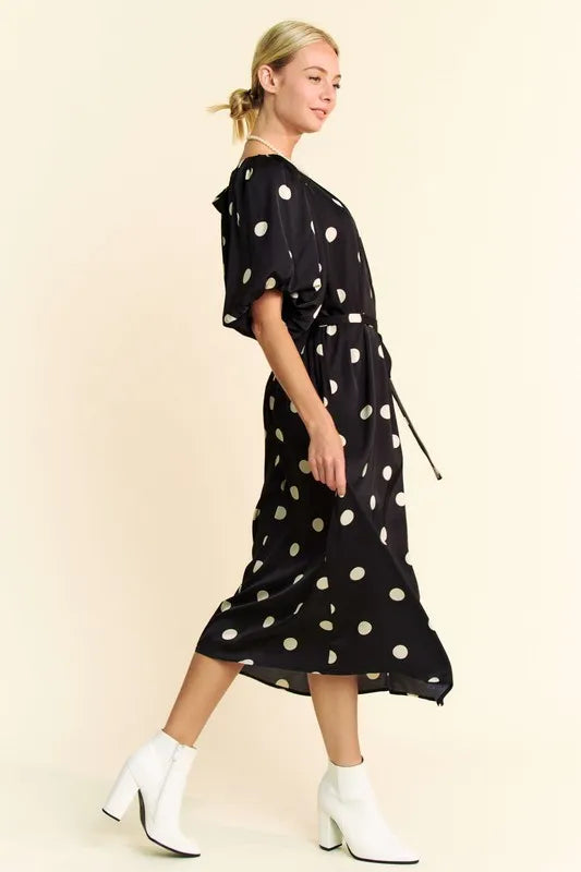 Stylish Polka Dot Puff Sleeve Midi Dress with Waist Tie - Perfect for Summer Parties, Weddings & Casual Outings