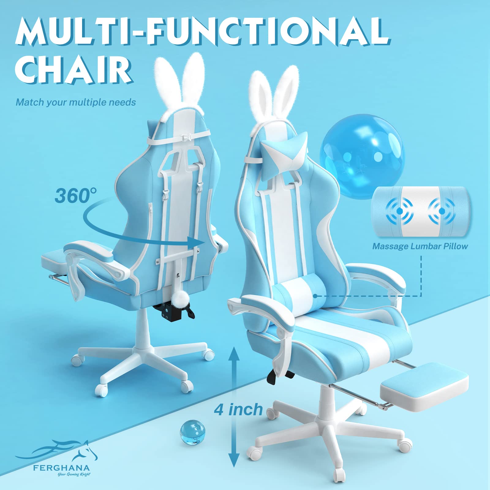 Ferghana Blue Gaming Chair with Bunny Ears - Ergonomic Massage Office & PC Gaming Chair with Footrest for Adults & Teens - Cute Kawaii Computer Game Chair for Girls - Racing Reclining Gamer Chair for Streaming, Esports & Home Office