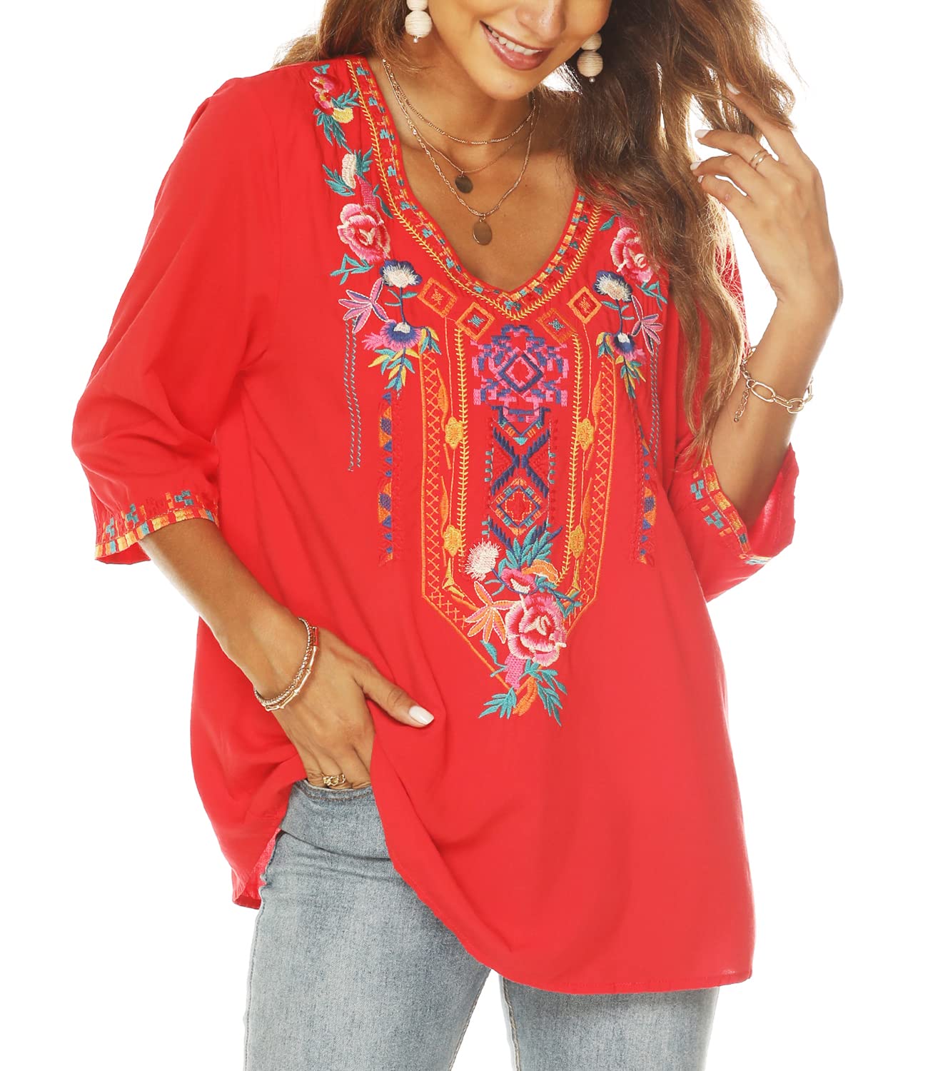 AK Embroidered Peasant Blouse for Women - 3/4 Sleeve Mexican Tunic Top with V-Neck | Traditional Embroidered Casual Shirt for Summer, Festival & Boho Style Outfits