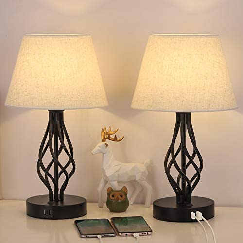 HAITRAL 2-Pack Black Metal Bedside Table Lamps with USB Charging Ports & Fabric Shades - Modern Nightstand Lighting for Bedroom, Living Room, Guest Room - Perfect for Reading, Working & Creating Cozy Ambience