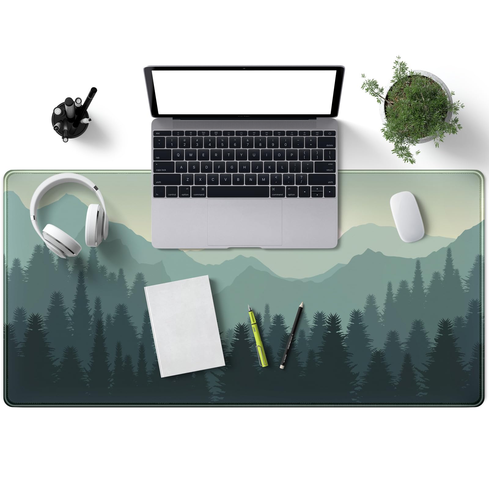 XXL Forest Green Gaming Mouse Pad - 31.5x15.7 Inch Extended Desk Mat with Sunset Mountains Landscape for Keyboard & Computer | Perfect for Office, Gaming & Home Workspace