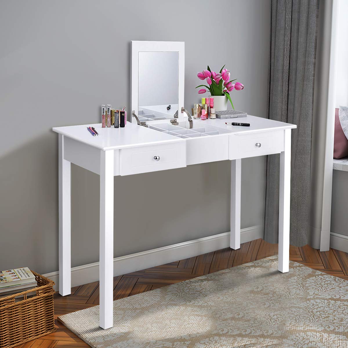 Nightcore Vanity Flip Top Makeup Dressing Table Set with Square Mirror - White Vanity Desk for Bedroom, Perfect for Makeup Organization & Beauty Routine