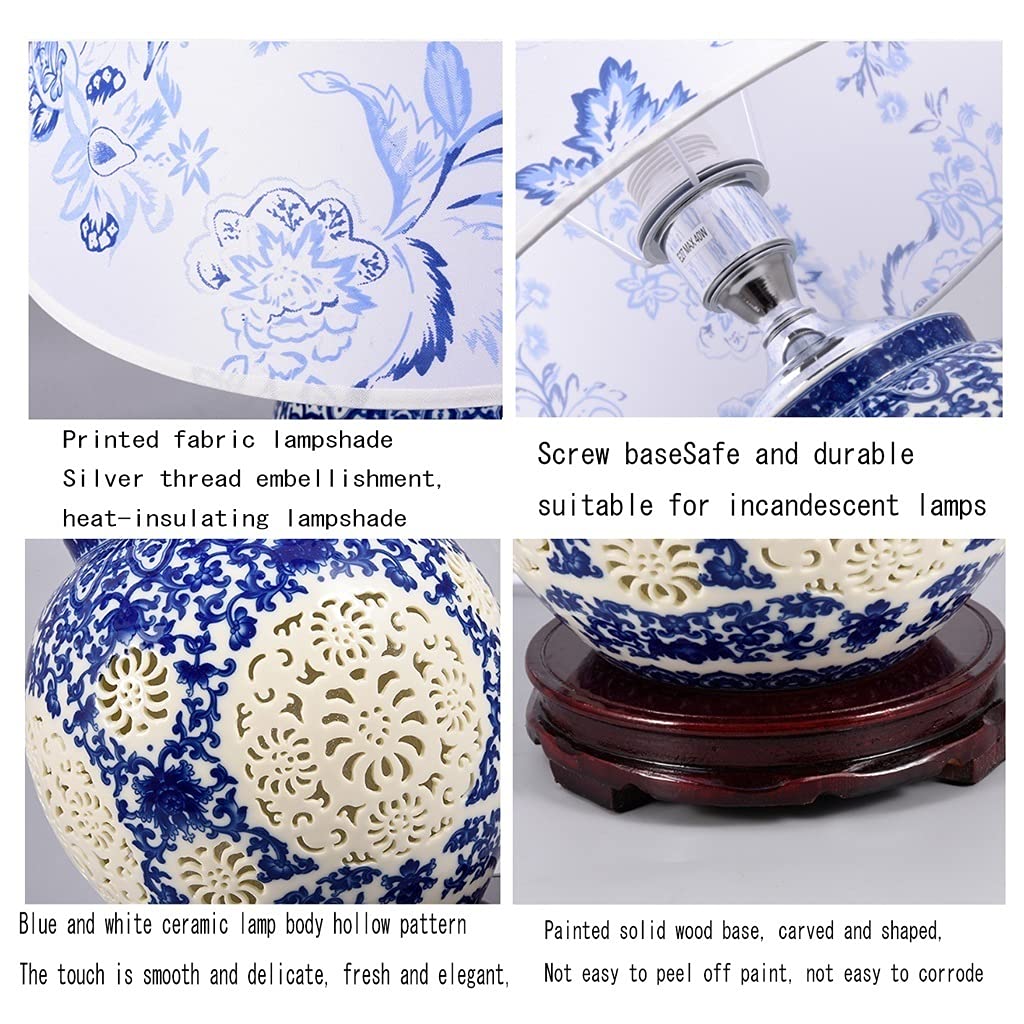 Chinese Style Blue and White Hollow Ceramic Table Lamp - Handcrafted Retro Bedside Nightstand Lamp with Printed Fabric Shade | Perfect for Bedroom, Living Room & Office Decor (White)