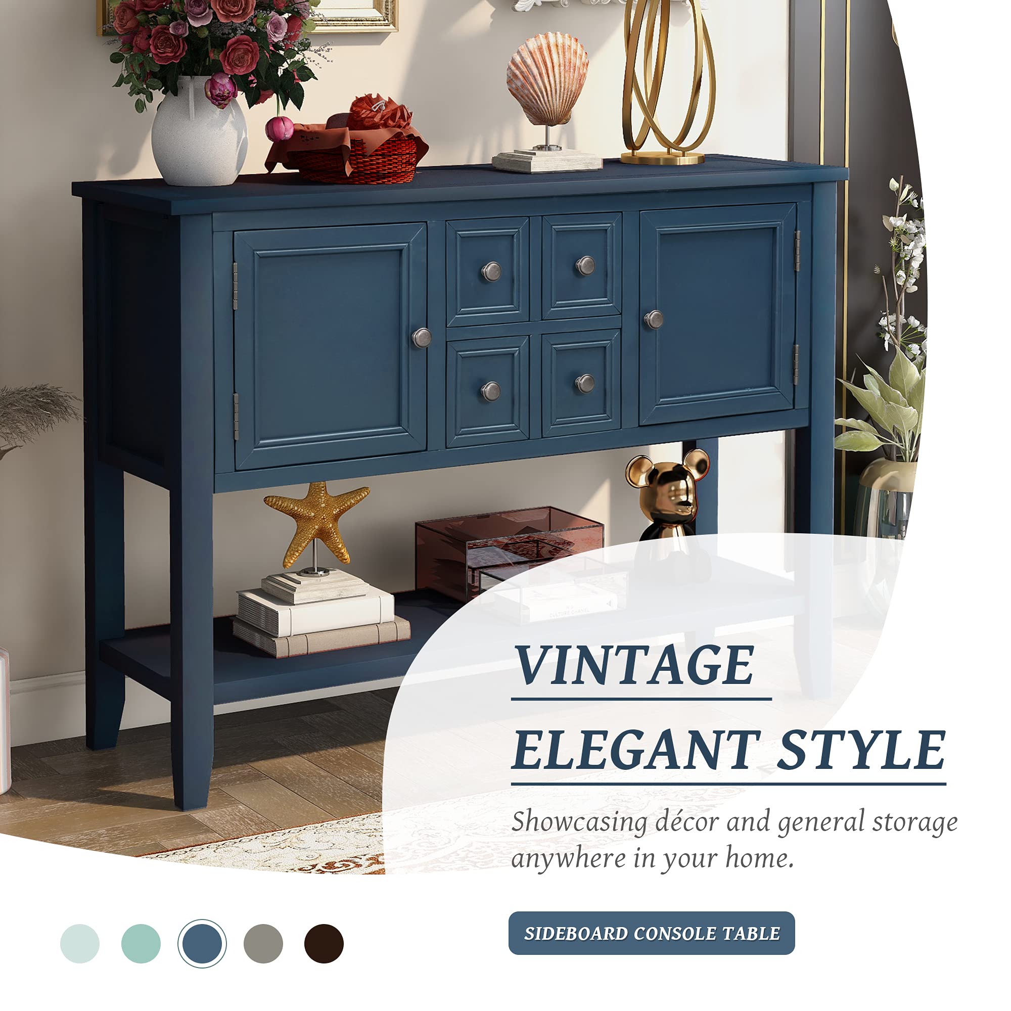 Antique Navy Wood Buffet Sideboard with Storage Cabinet & Drawers - Console Table, Sofa Table with Bottom Shelf for Living Room, Kitchen, Entryway - Perfect for Dining Room Storage & Hallway Decor