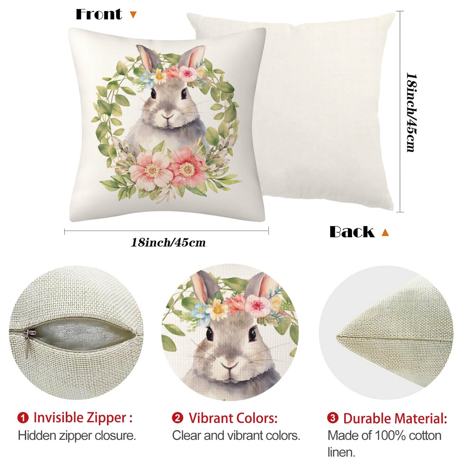 Easter Spring Pillow Covers Set of 4 - 18x18 Inch Bunny Rabbit Decor for Sofa, Couch, Bed & Home Office - Soft Decorative Throw Pillow Cases for Seasonal Home Decor